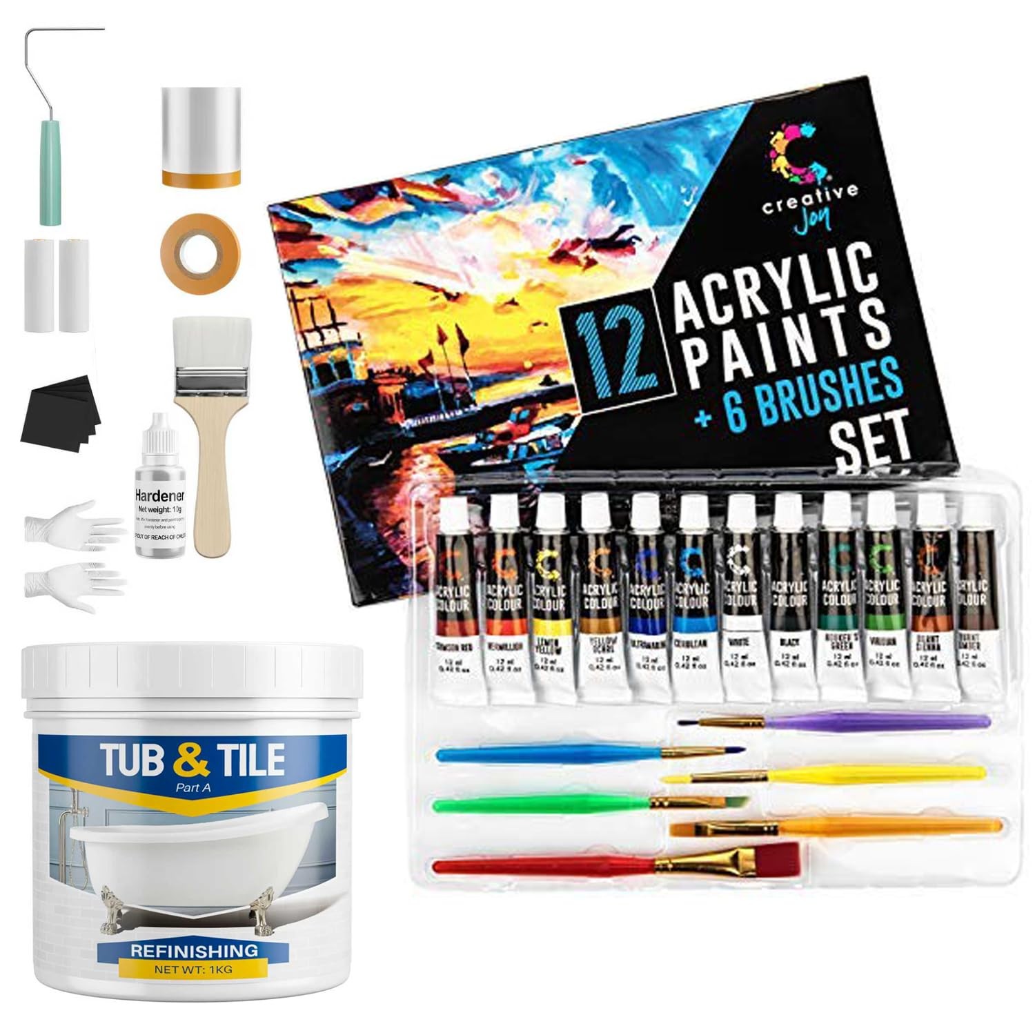Acrylic Paint Set & Brushes 12 Paints And 6 Brushes Great For All Ages Beginner