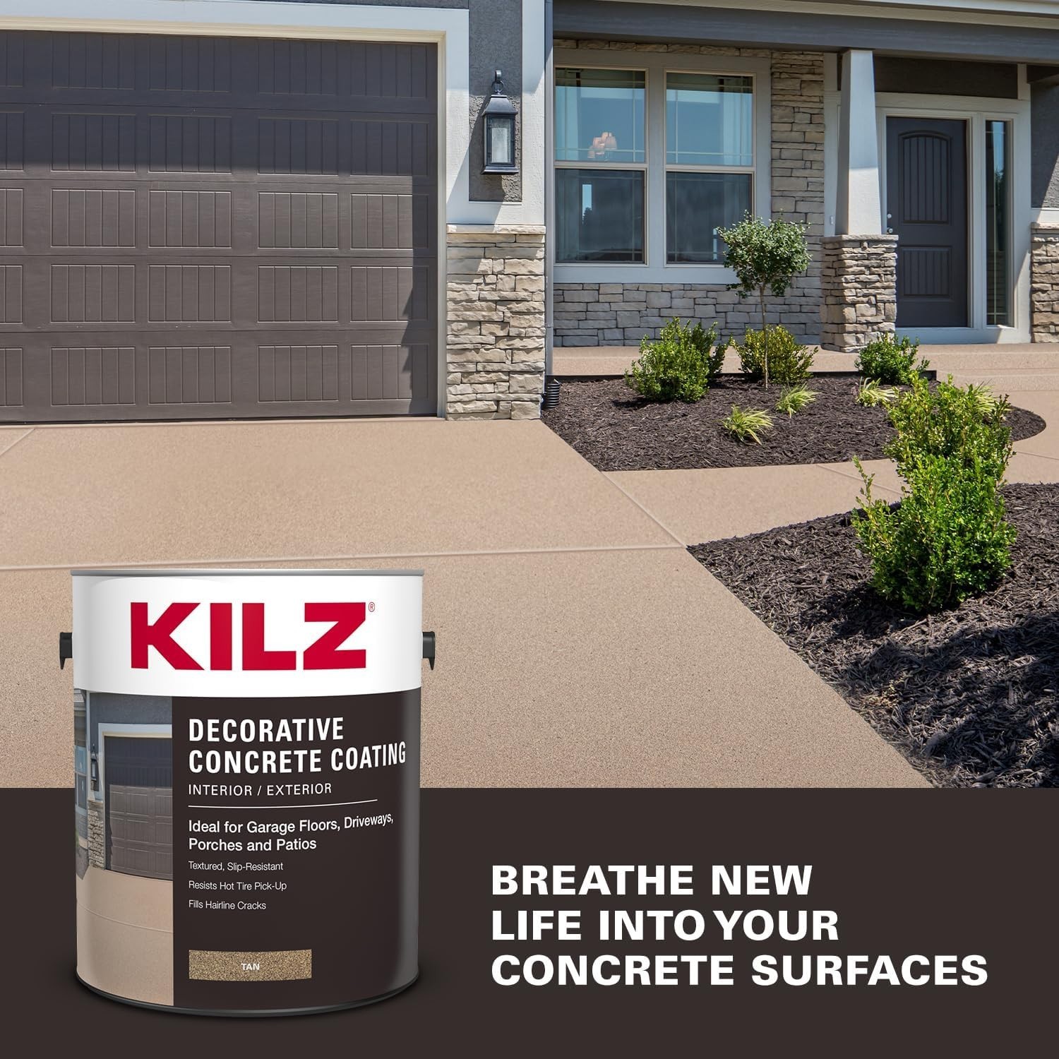 Decorative Concrete Coating, Interior/Exterior, Slip Resistant, Tan, 1 Gallon