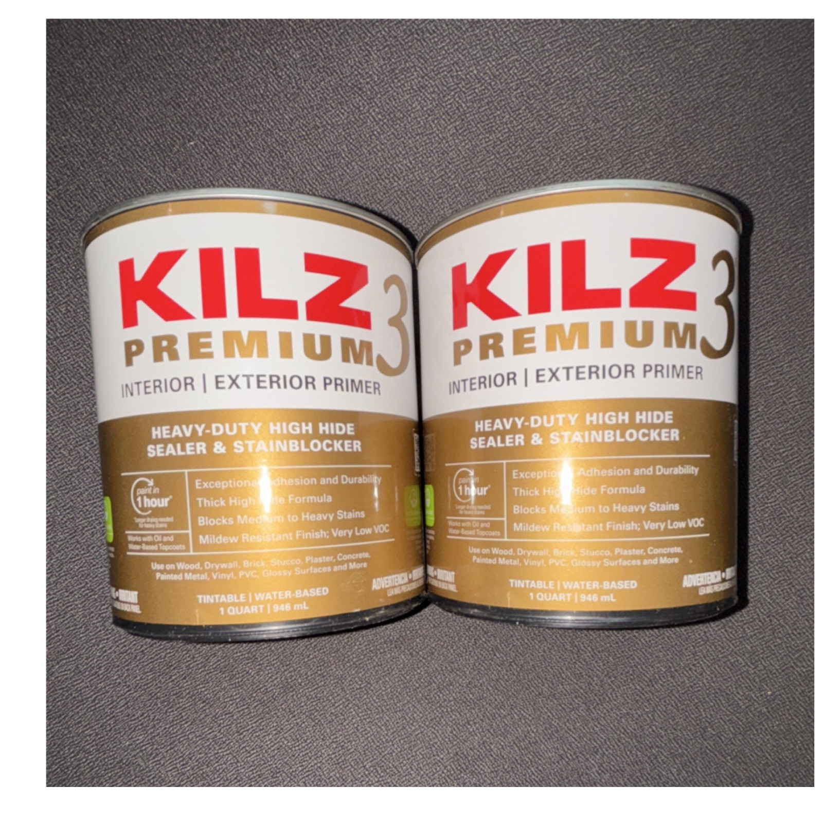 KILZ Premium 3 Primer, Interior/Exterior Stain Block White Flat 1 Qt (2) cans
