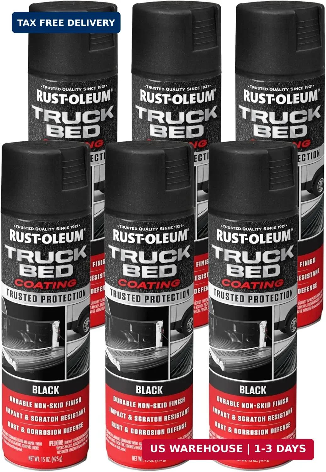 Rust-Oleum 248914-6PK Stops Rust Truck Bed Coating Spray Paint, 15 oz, Black, 6