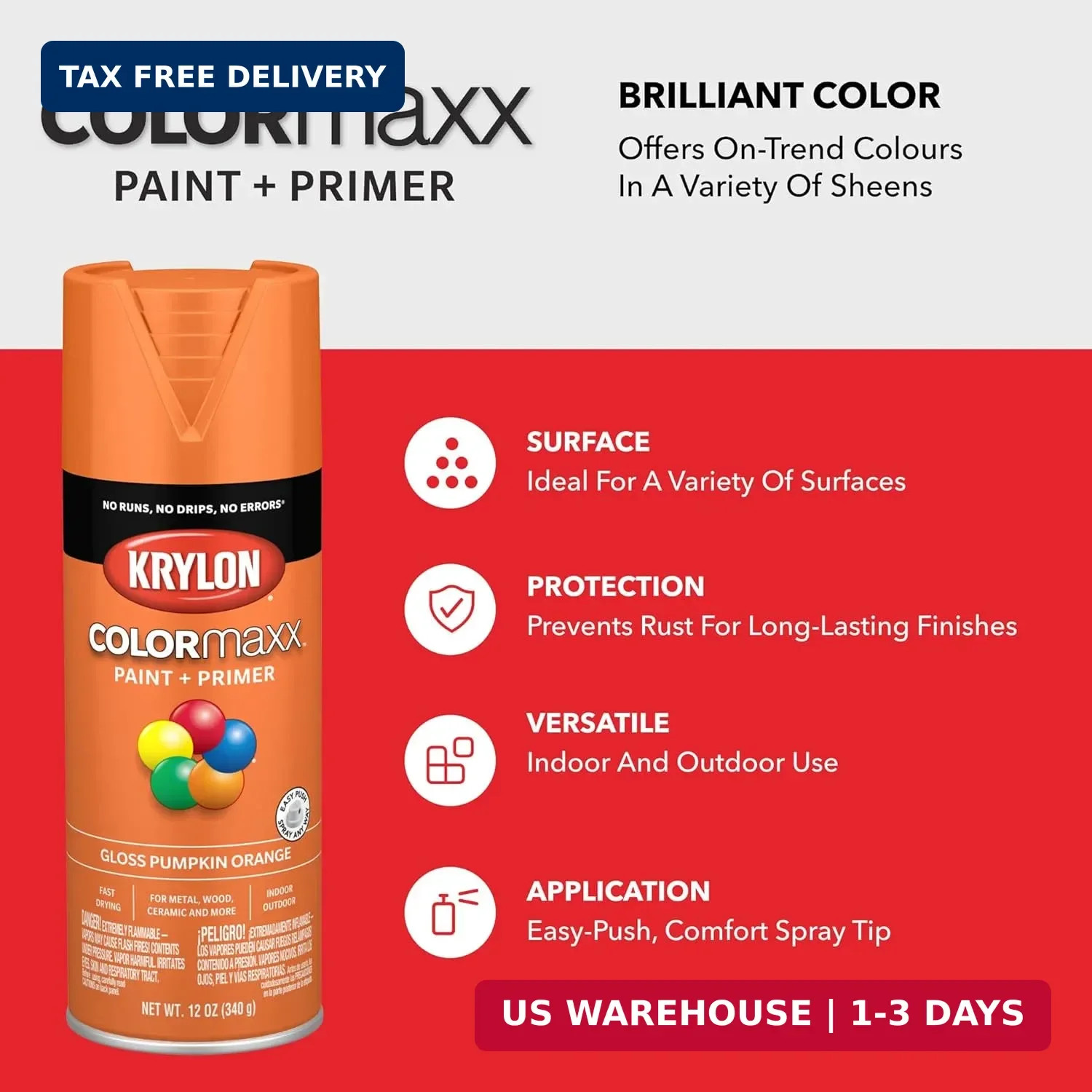 Krylon ColorMaxx 12 Oz. Gloss Spray Paint, Pumpkin Orange – 1 Each