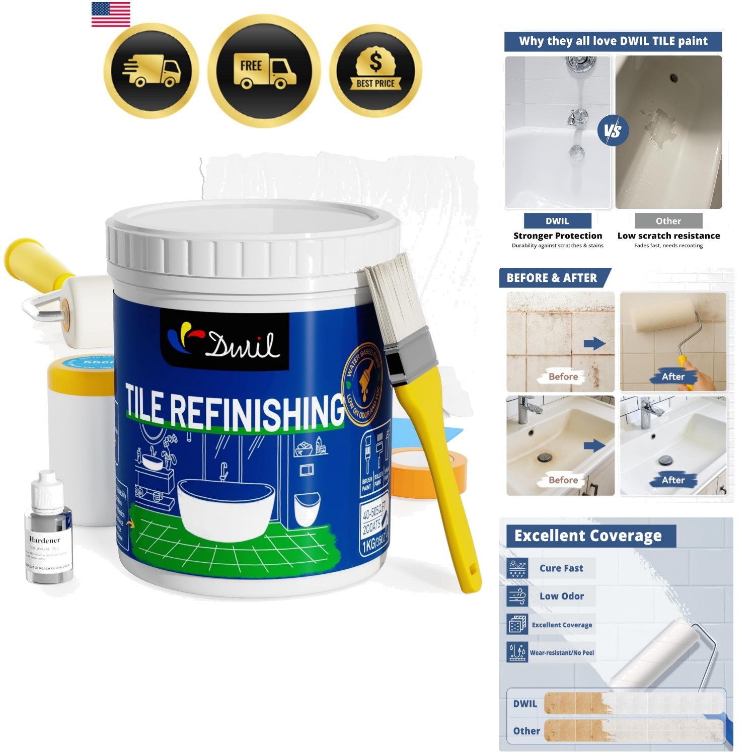Tub Paint, Tub and Tile Refinishing Kit with Tools, White Bathtub Paint Water…