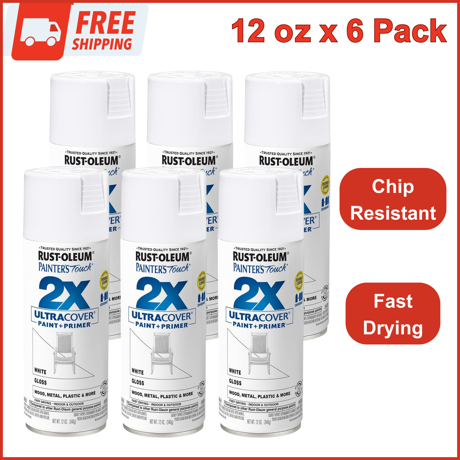 249090-6PK Painter’s Touch 2X Ultra Cover Spray Paint, 12oz, Gloss White, 6 Pack