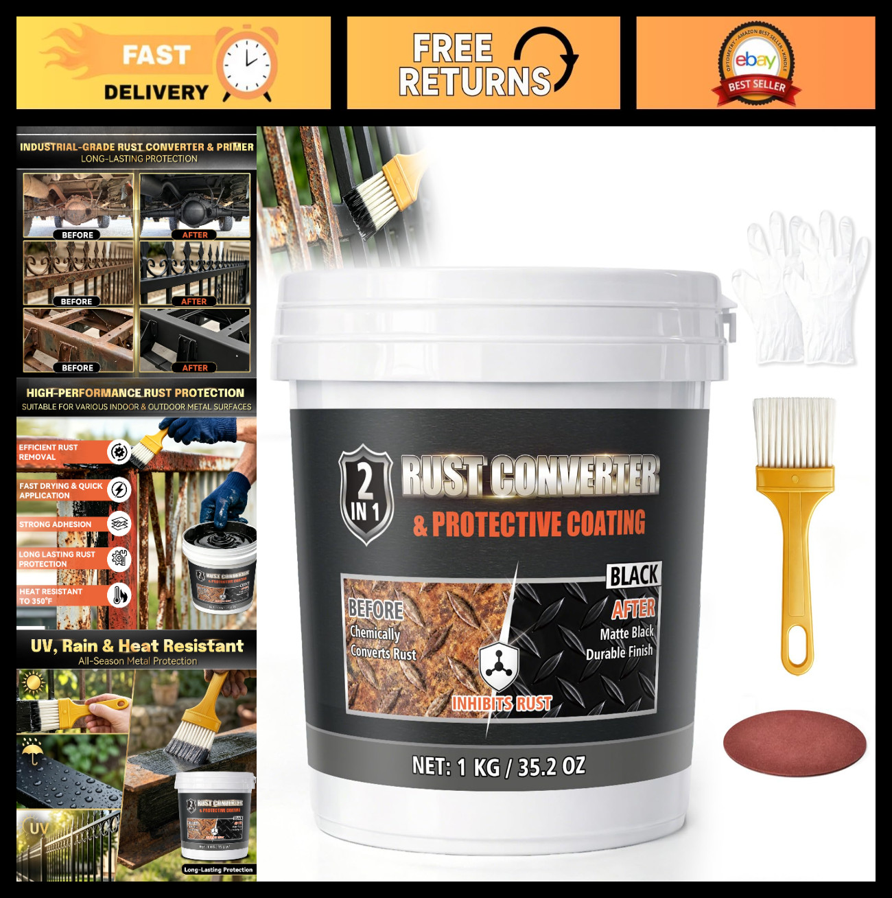 2-in-1 Rust Converter & Metal Primer, 35 oz Black Rust Reformer for Trucks & Tra