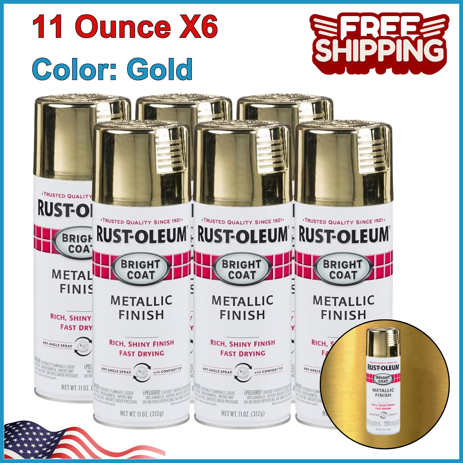7710830-6PK Stops Rust Bright Coat Metallic Spray Paint 11 oz, Gold, 6 Pack