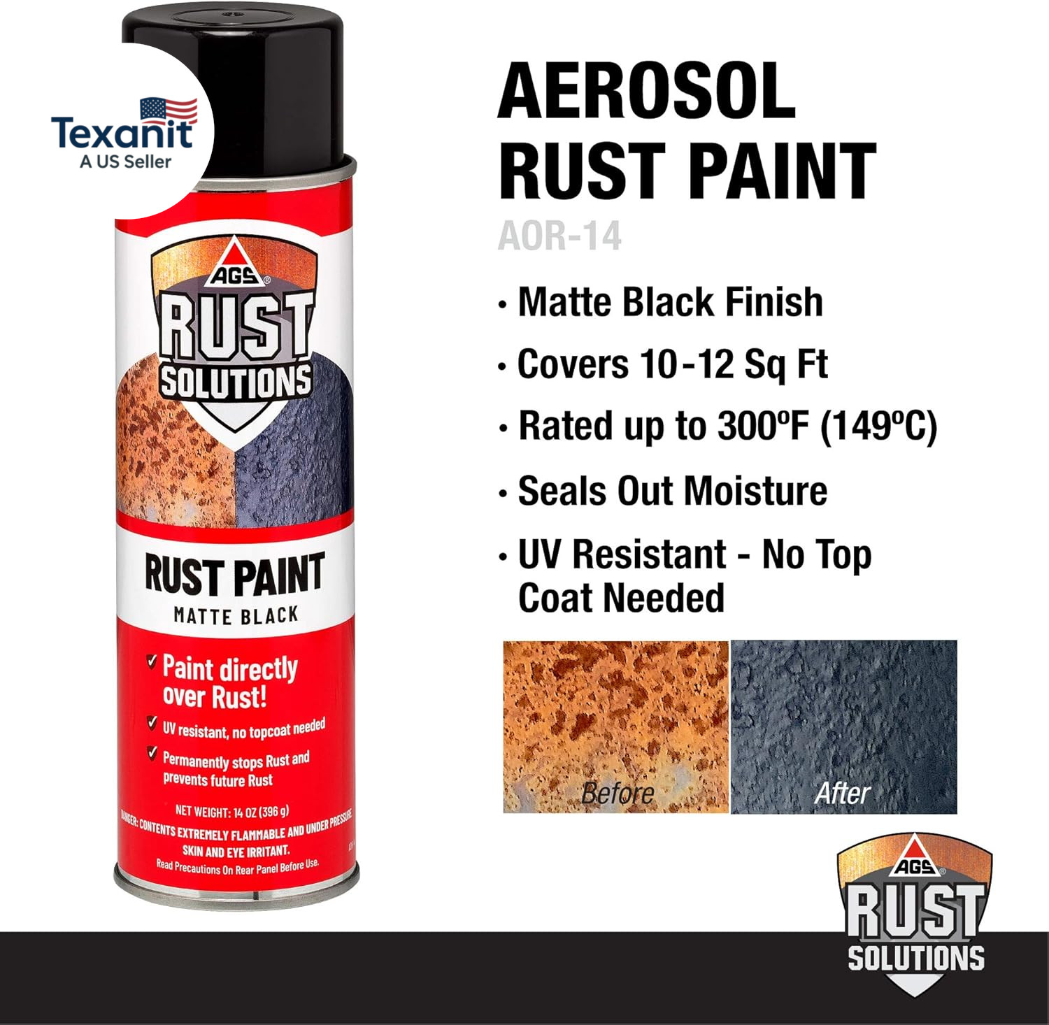 Rust Stop Spray Paint for Metal, 14Oz Aerosol Can – Matte Black Finish, Epoxy-Fo