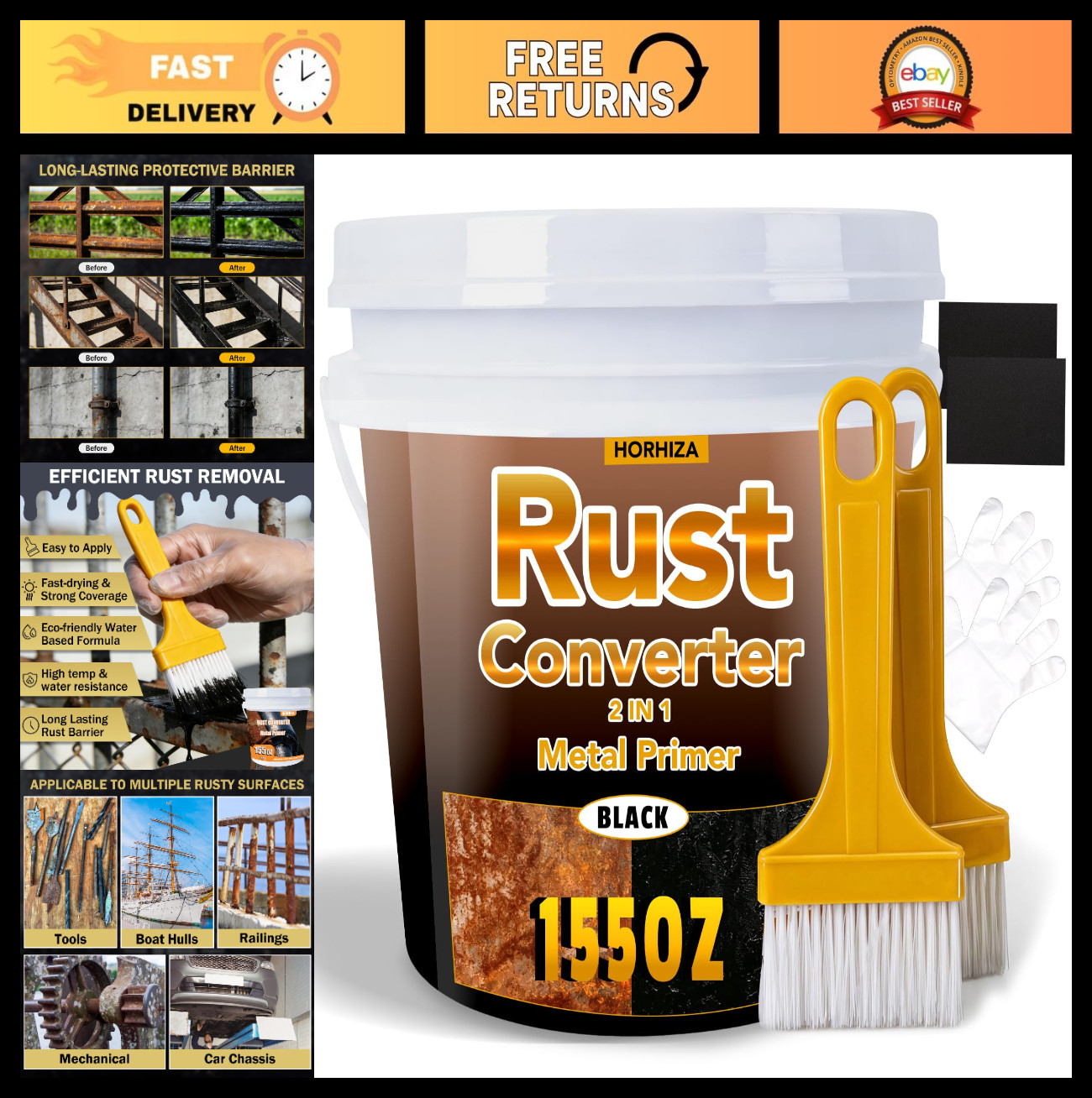 2-in-1 Rust Converter & Metal Primer, 155 Oz Black Anti-Rust Paint for Cars, Mar