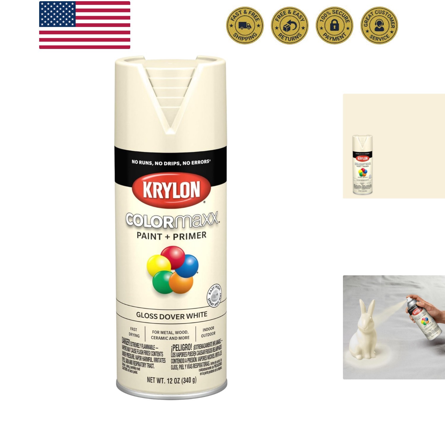 K0007 COLORmaxx Spray Paint and Primer for Indoor/Outdoor Use, Gloss Dover Wh…