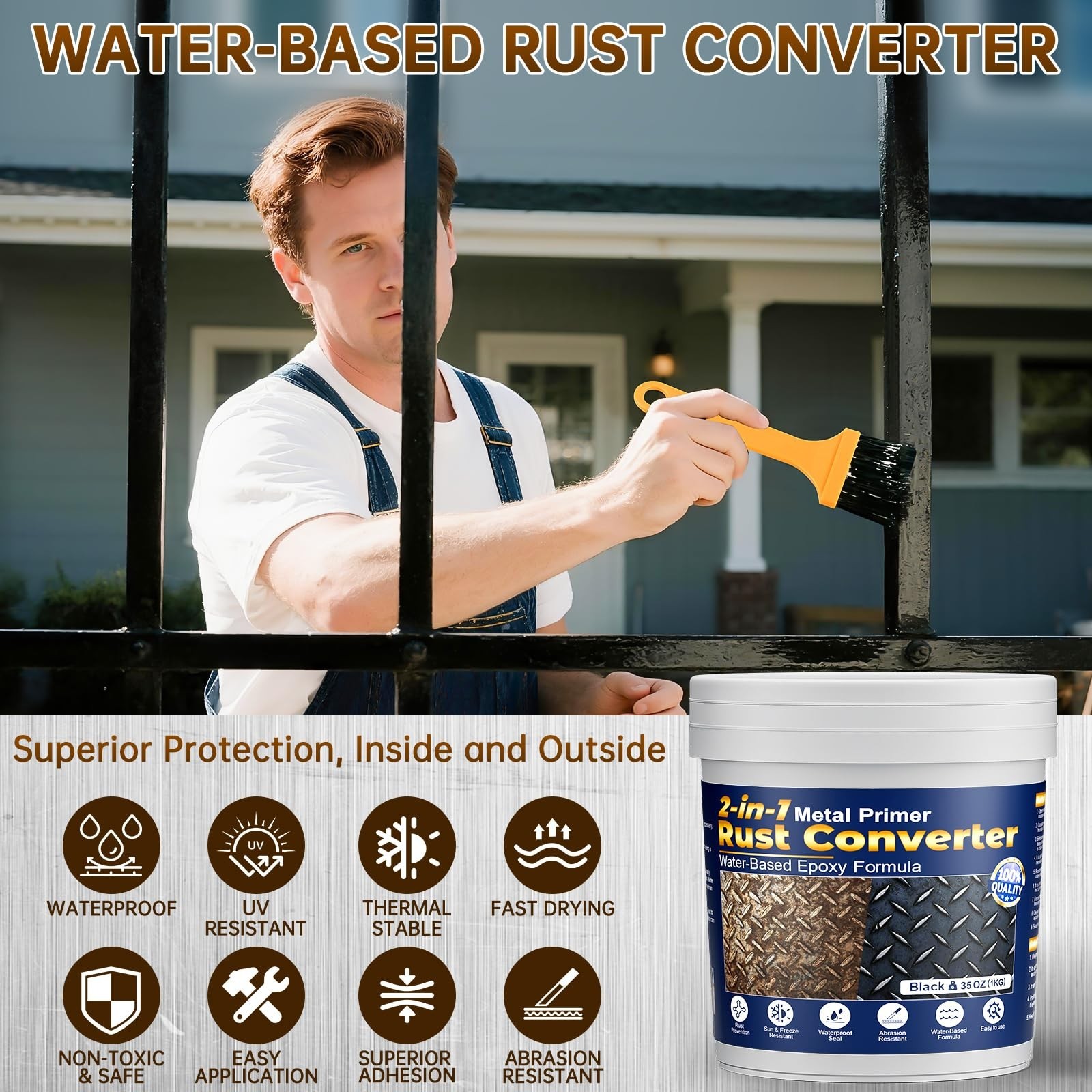 Rust Converter & Metal Primer, 2-in-1 Black Rust Remover Paint Water-Based Me…