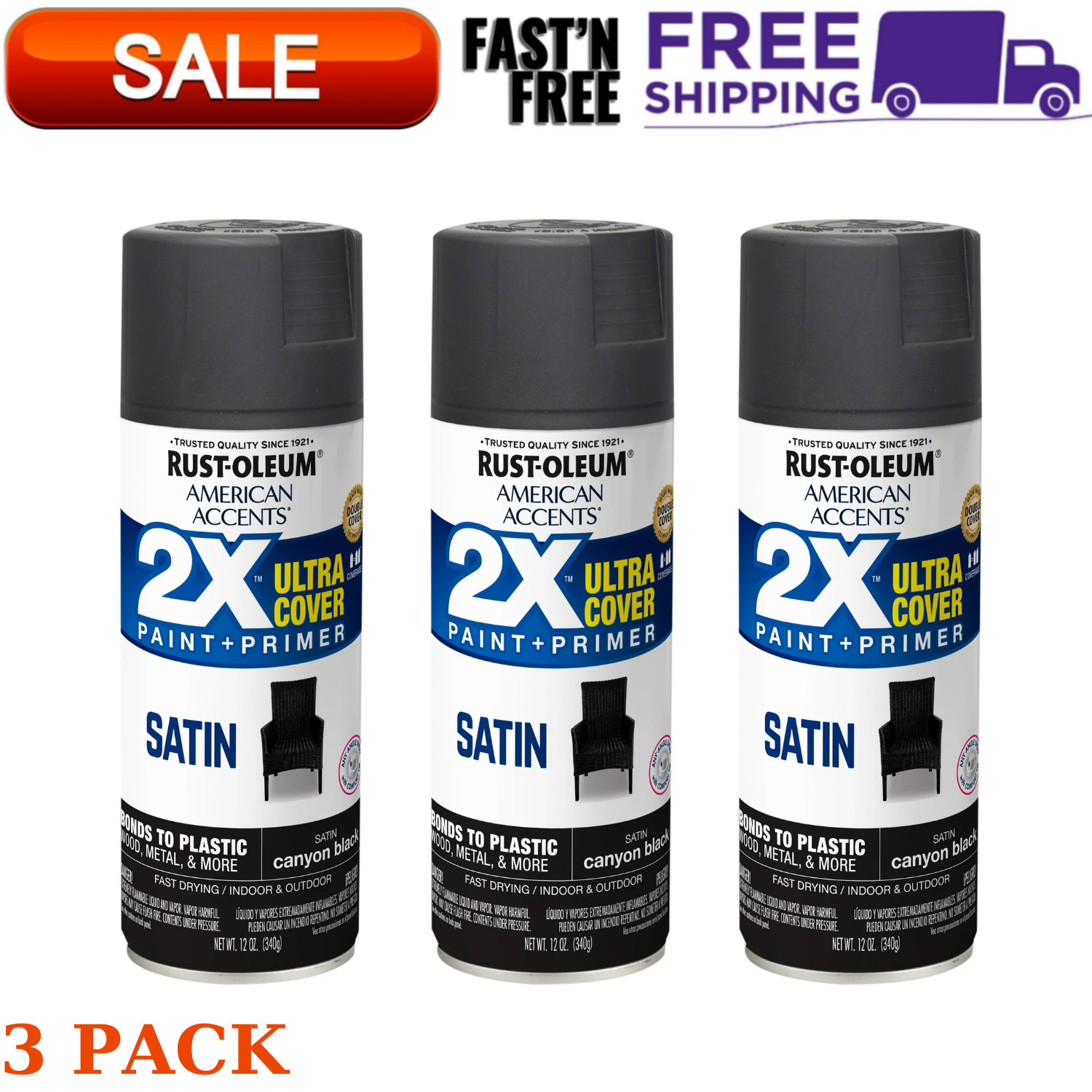 Canyon Black Rust-O American Accents 2X Ultra Cover Satin Spray Paint 12Oz 3Pack
