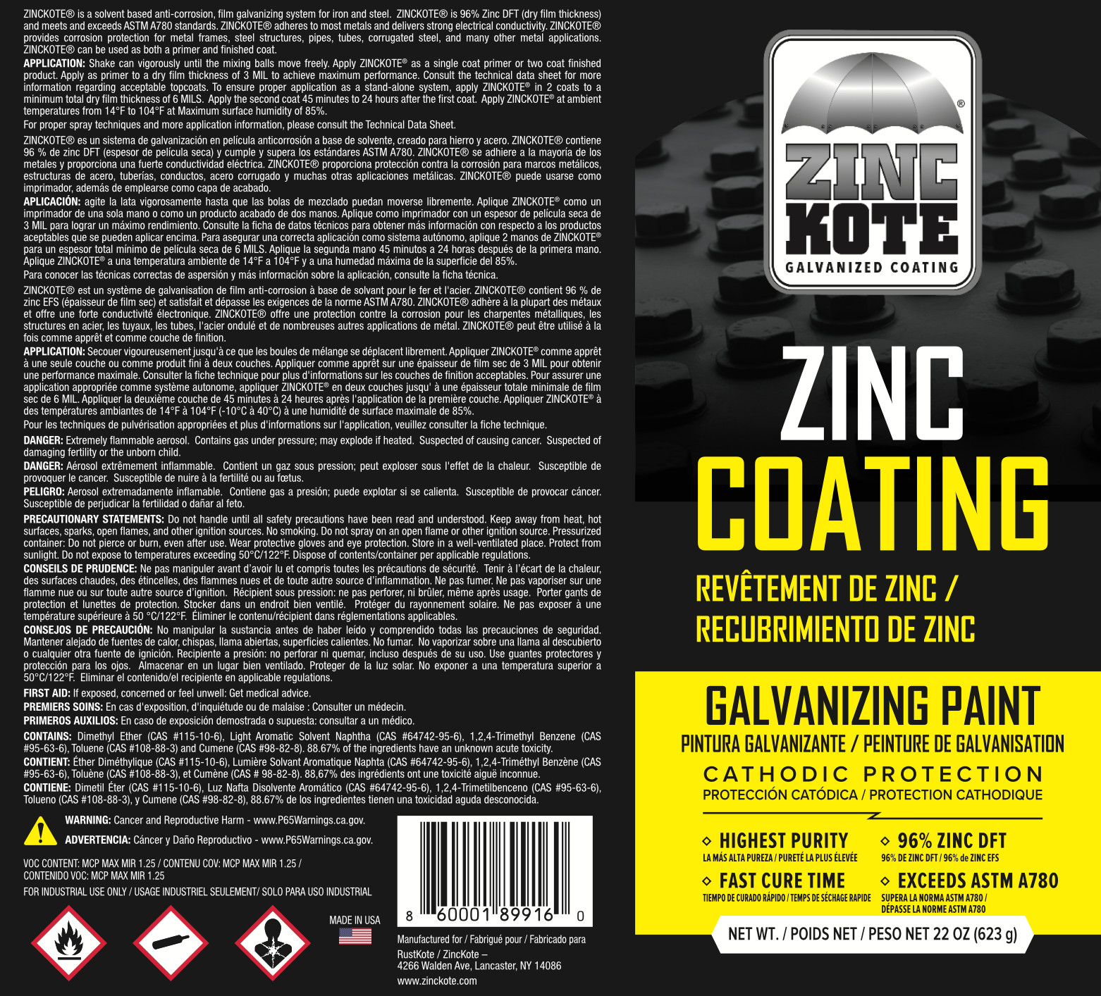 ZincKote Zinc Cold Galv Aerosol Spray – 13.5oz Can – Paint/Coating – 96% Zinc…