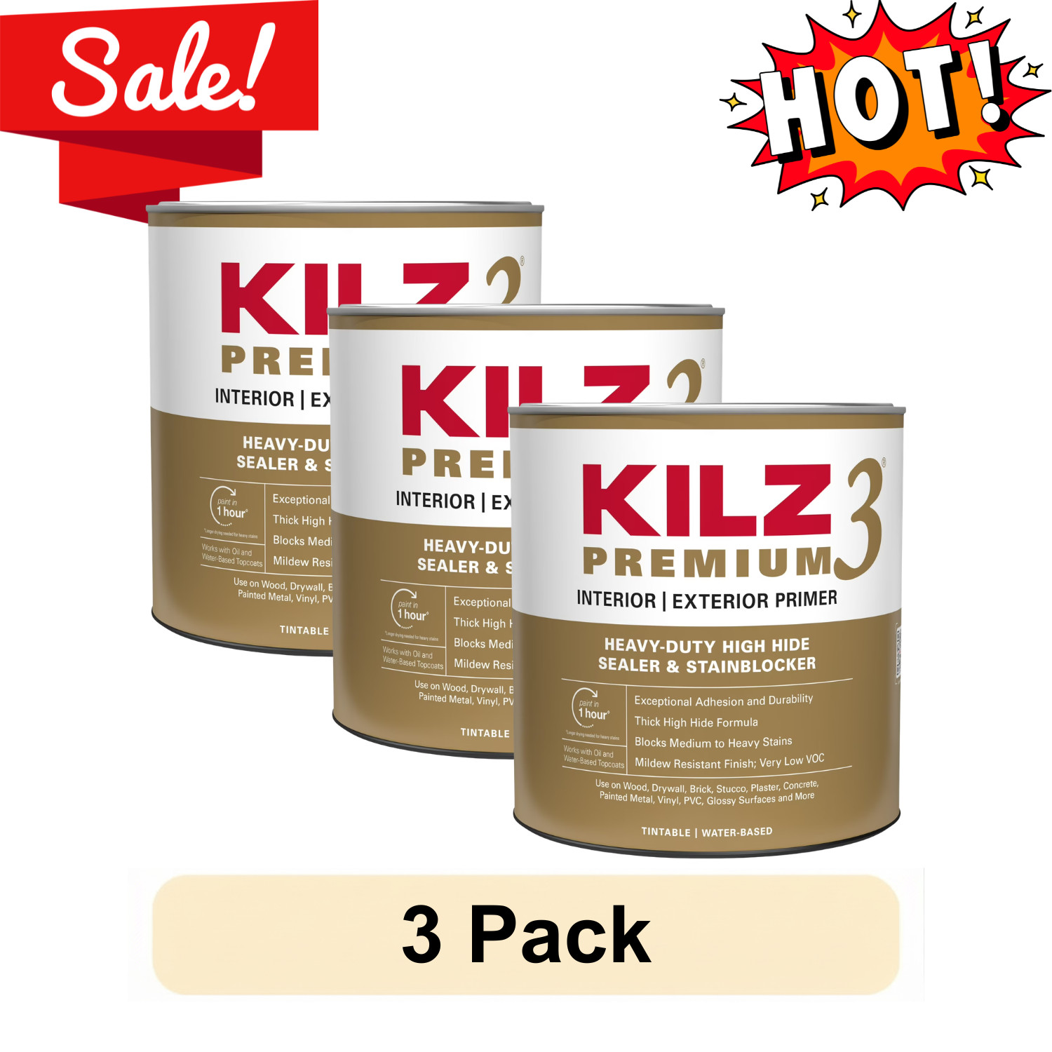 3-Pack KILZ 3 Premium Water-based Wall & Ceiling Primer 1 Quart White New