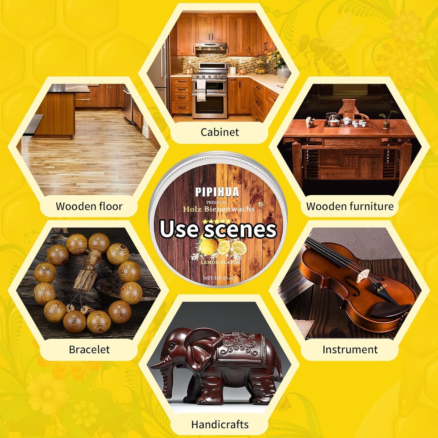 Wood Furniture Polish: 100g Beeswax Cream, Lemon Scent with Sponge for Easy Use