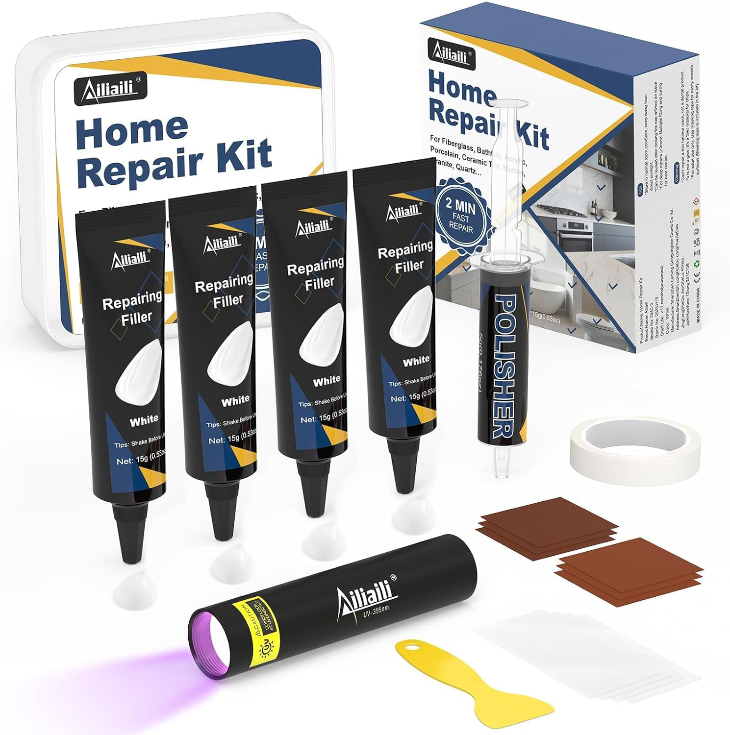 Quartz Countertop Repair Kit, Fiberglass Tub & Tile Repair Kit with 4X15G White