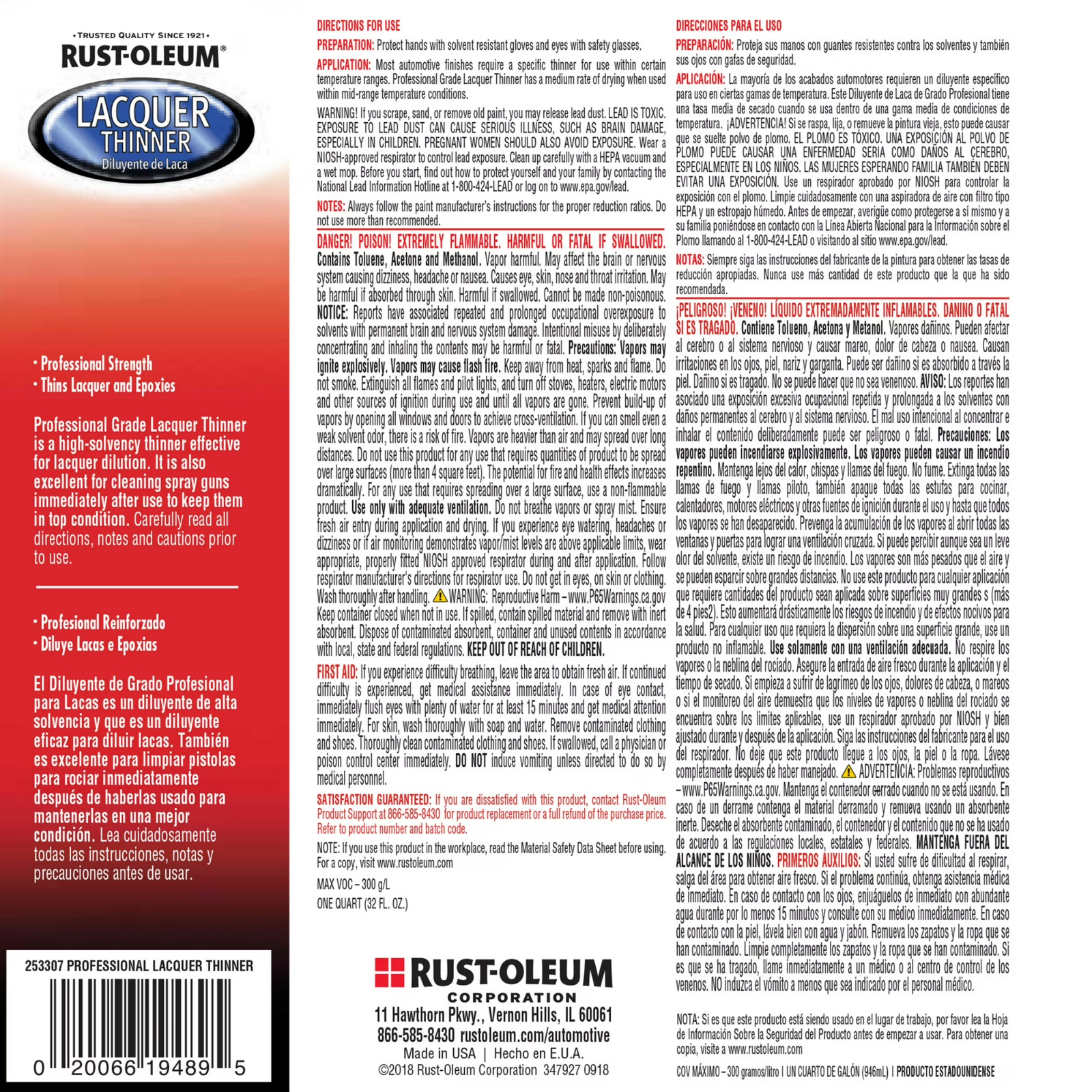 Rust-Oleum Automotive Low VOC Professional Lacquer Thinner, Clear, 1 Quart