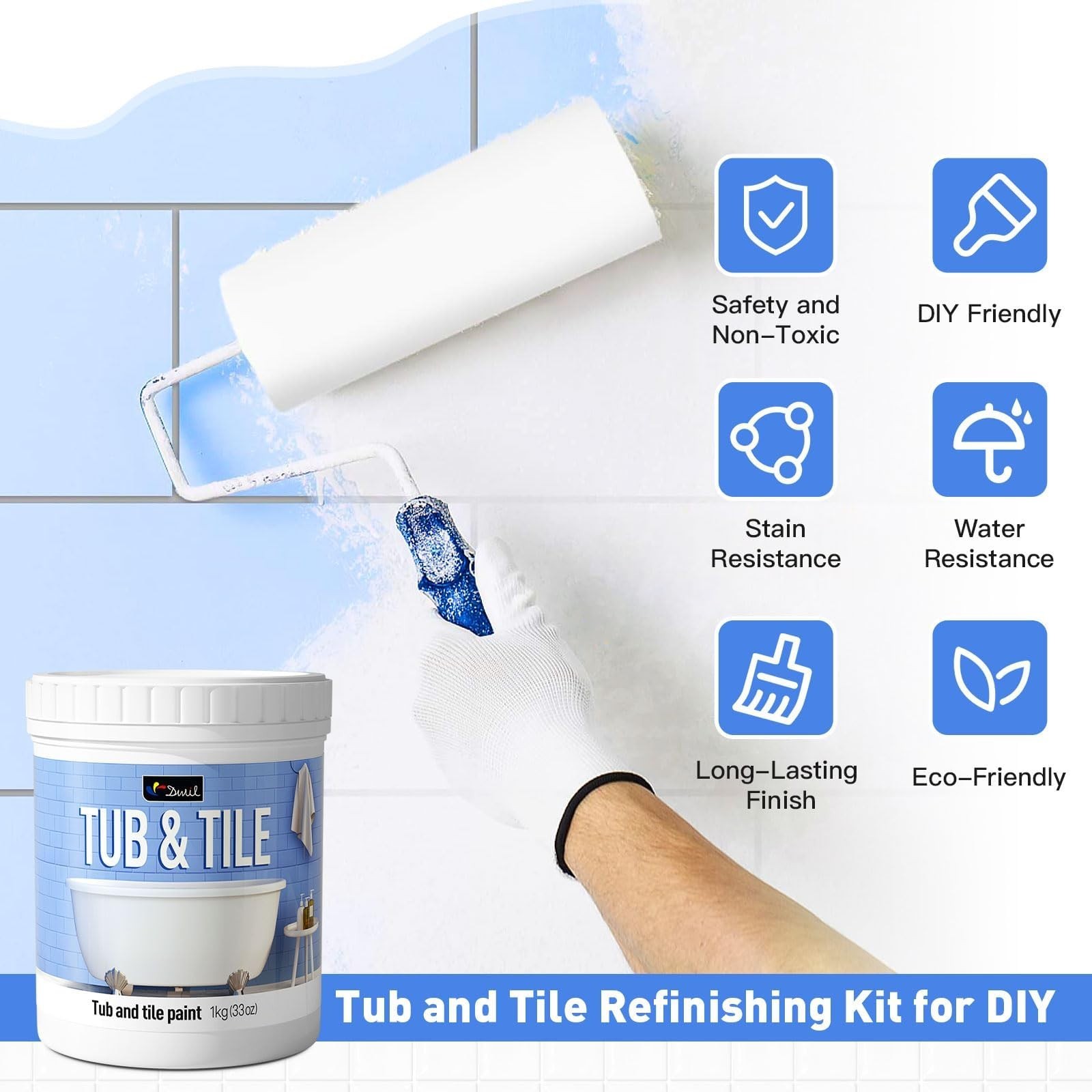 Tile Refinishing Kit – Water-Based Bathtub Paint, Low Odor, Easy Use, 16.5oz, Se