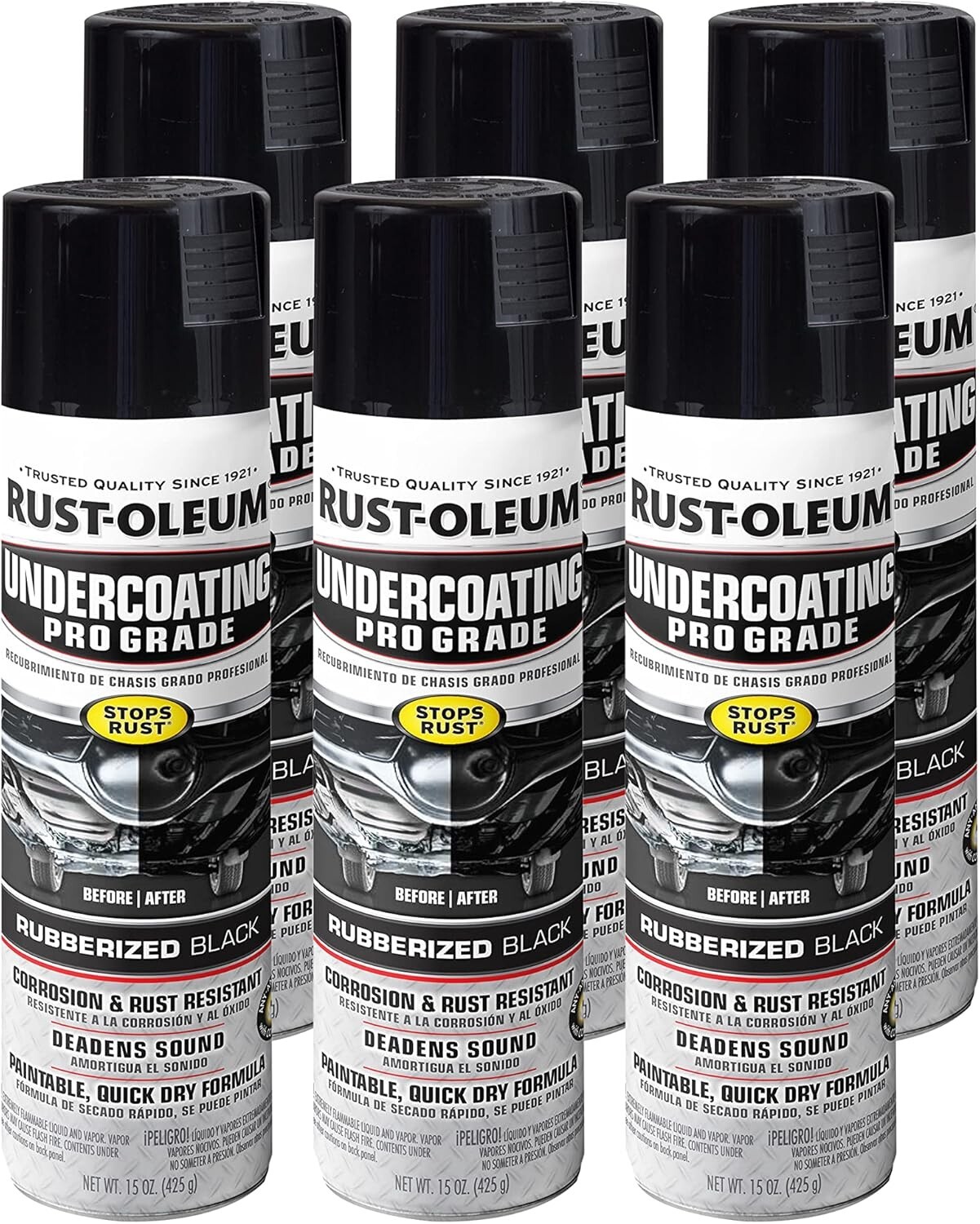 6PK Professional Grade Undercoating Spray Paint, 15 oz, Rubberized Black, 6 Pack