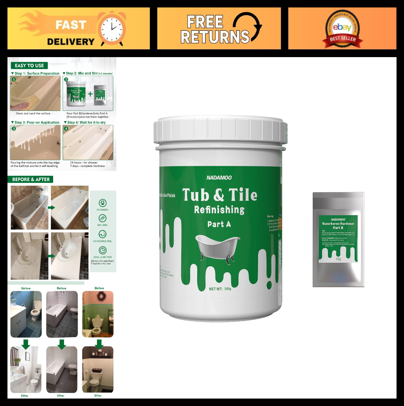 Tub and Tile Refinishing Kit – White Emulsion 500g, 10g Hardener, No Tools Neede