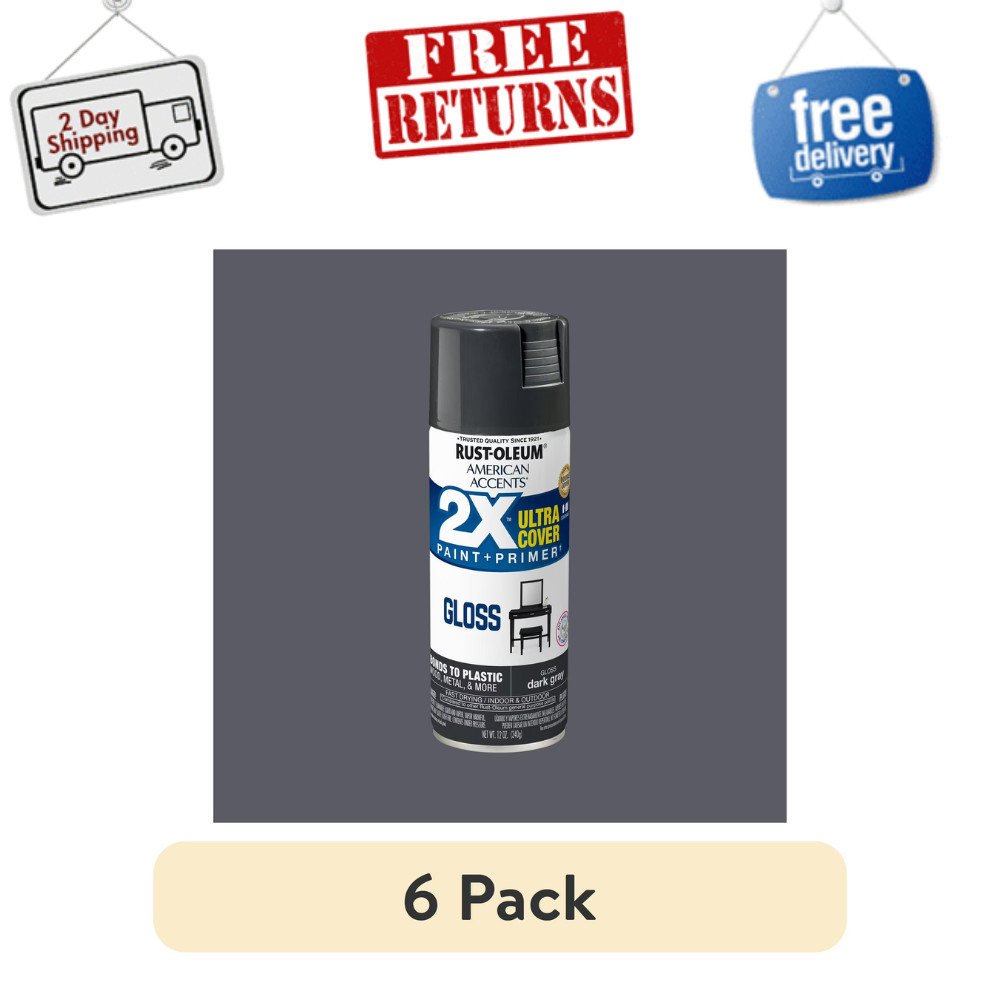 6 Pack Rust-Oleum 2X Ultra Cover Gloss Spray Paint, Dark Gray, 12 oz, Wood/Metal