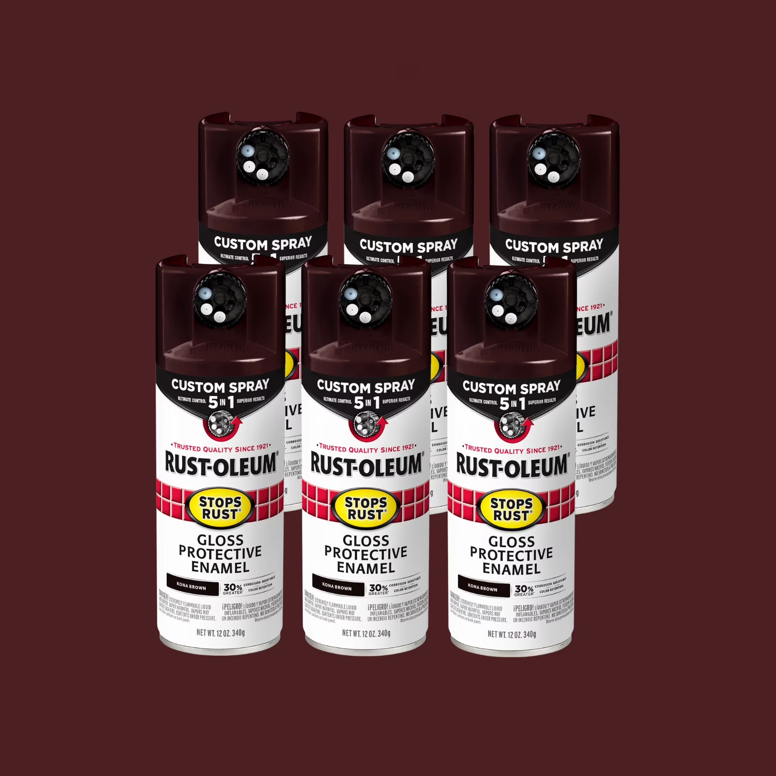 6 Pack, Kona Brown, Rust-Oleum Stops Rust Custom Spray 5 in 1 Gloss Spray Paint-