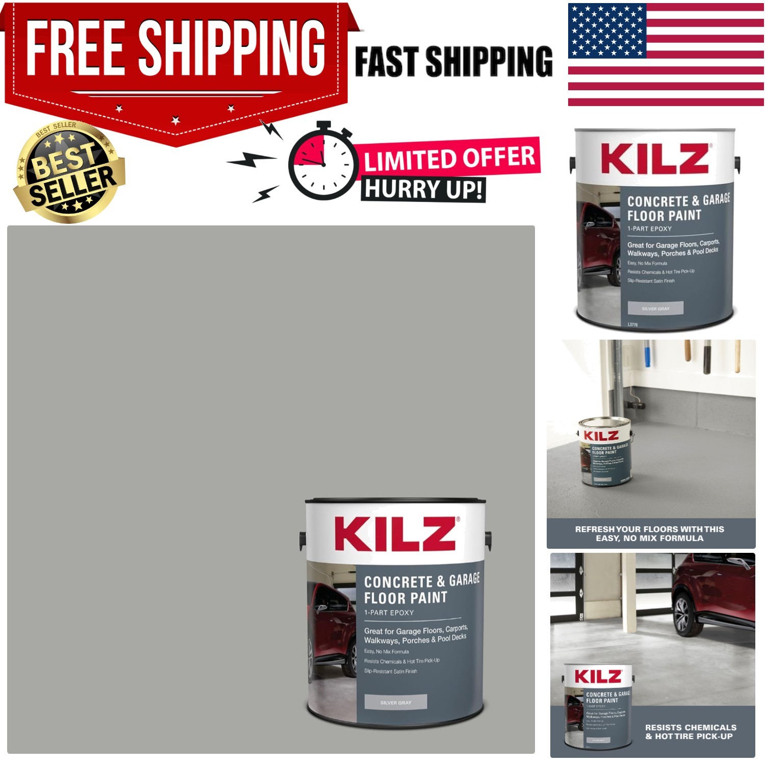 1-Part Epoxy Acrylic Concrete & Garage Floor Paint, Silver Gray, Satin, Inter…