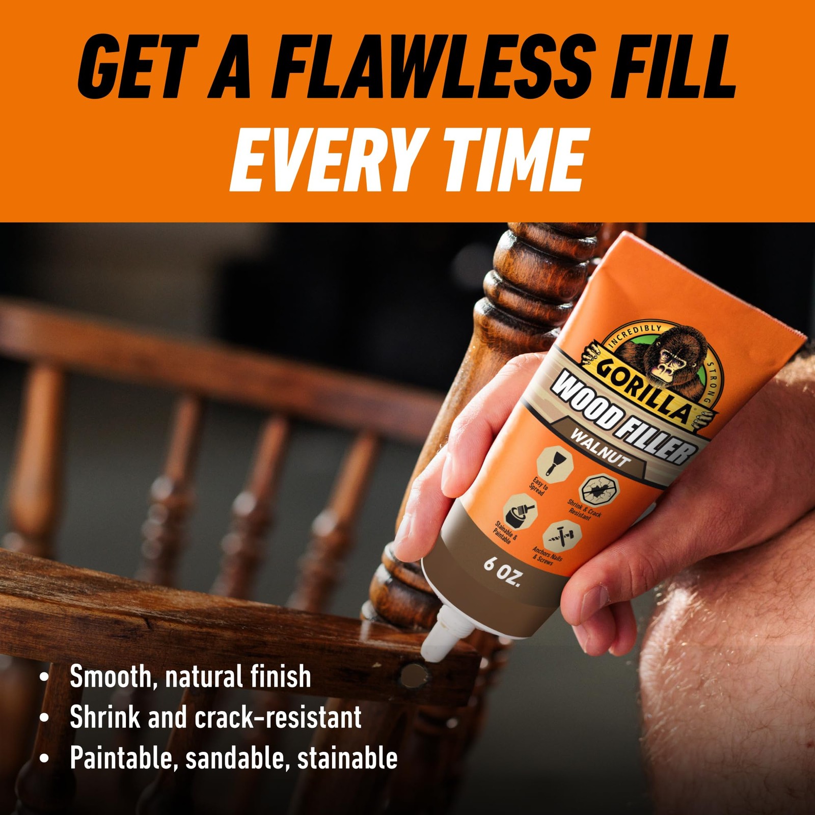 Gorilla All Purpose Wood Filler, Walnut Color, 6 Ounce Tube 1 – Pack,