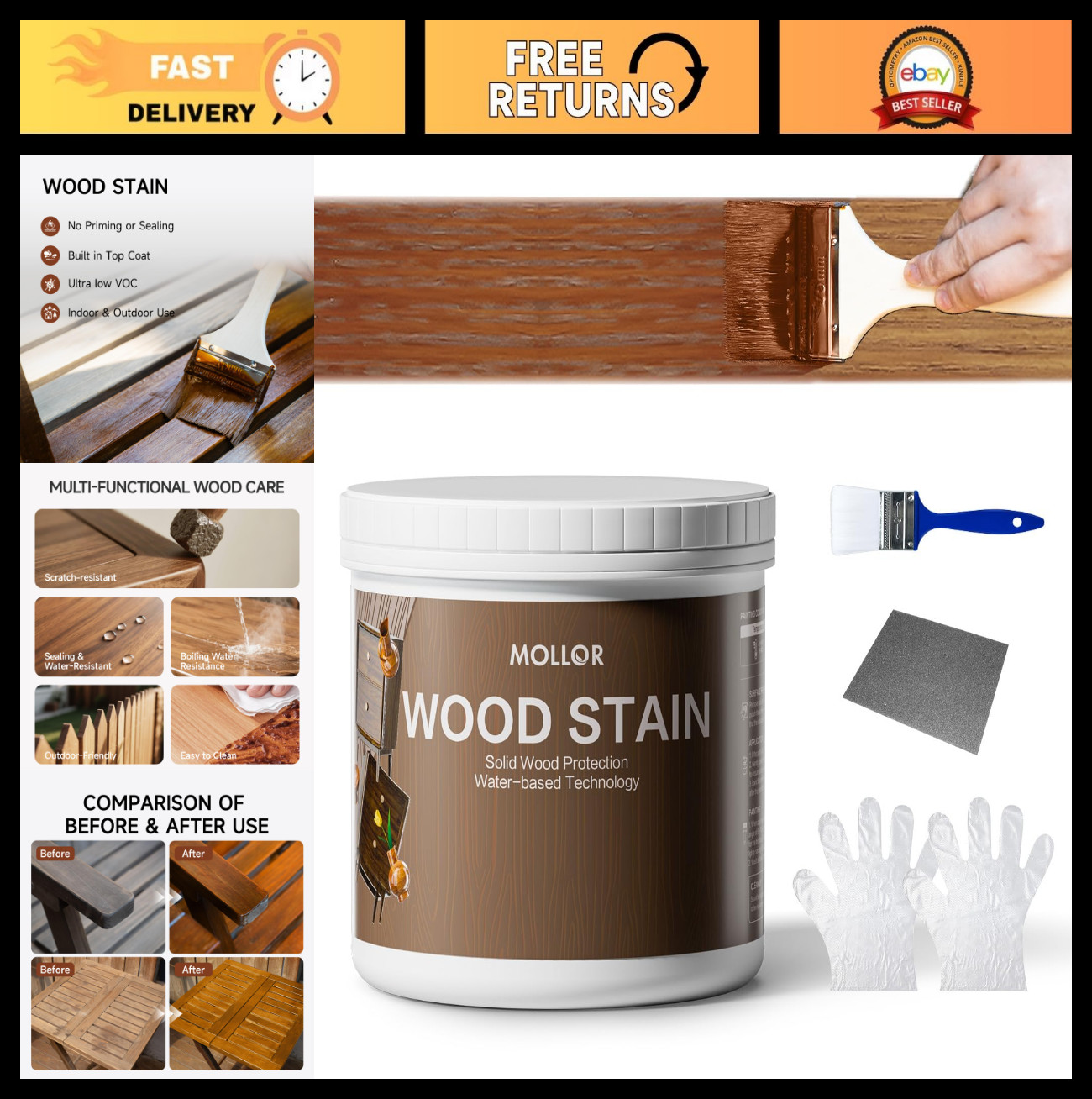 Water-Based Wood Stain & Sealer 16 Oz – No Priming, Fast Drying, Low Odor, Non-T