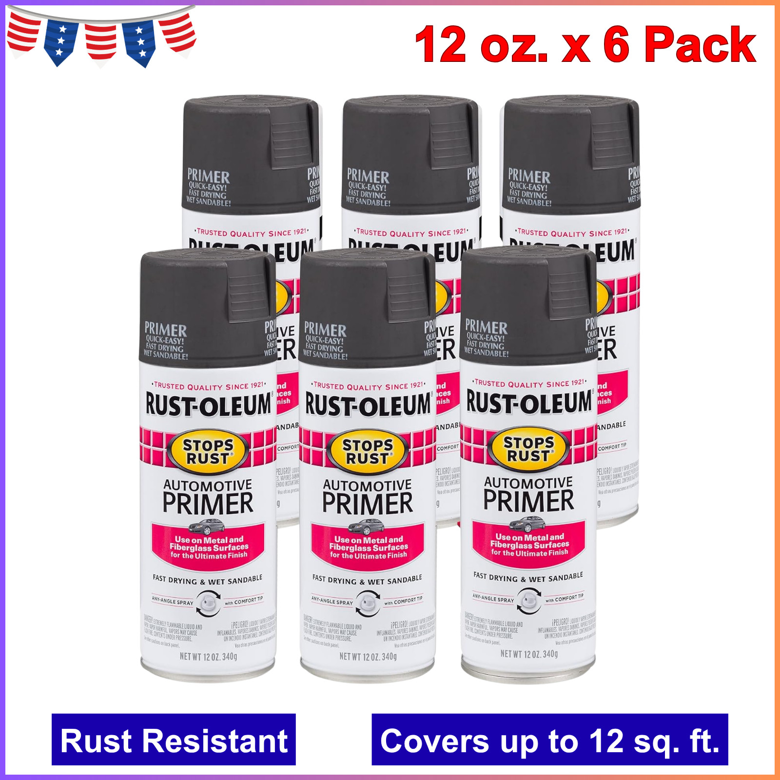 Rust-Oleum 2089830-6PK Stops Rust Automotive Primer Spray, 12 oz, Flat Dark Gray