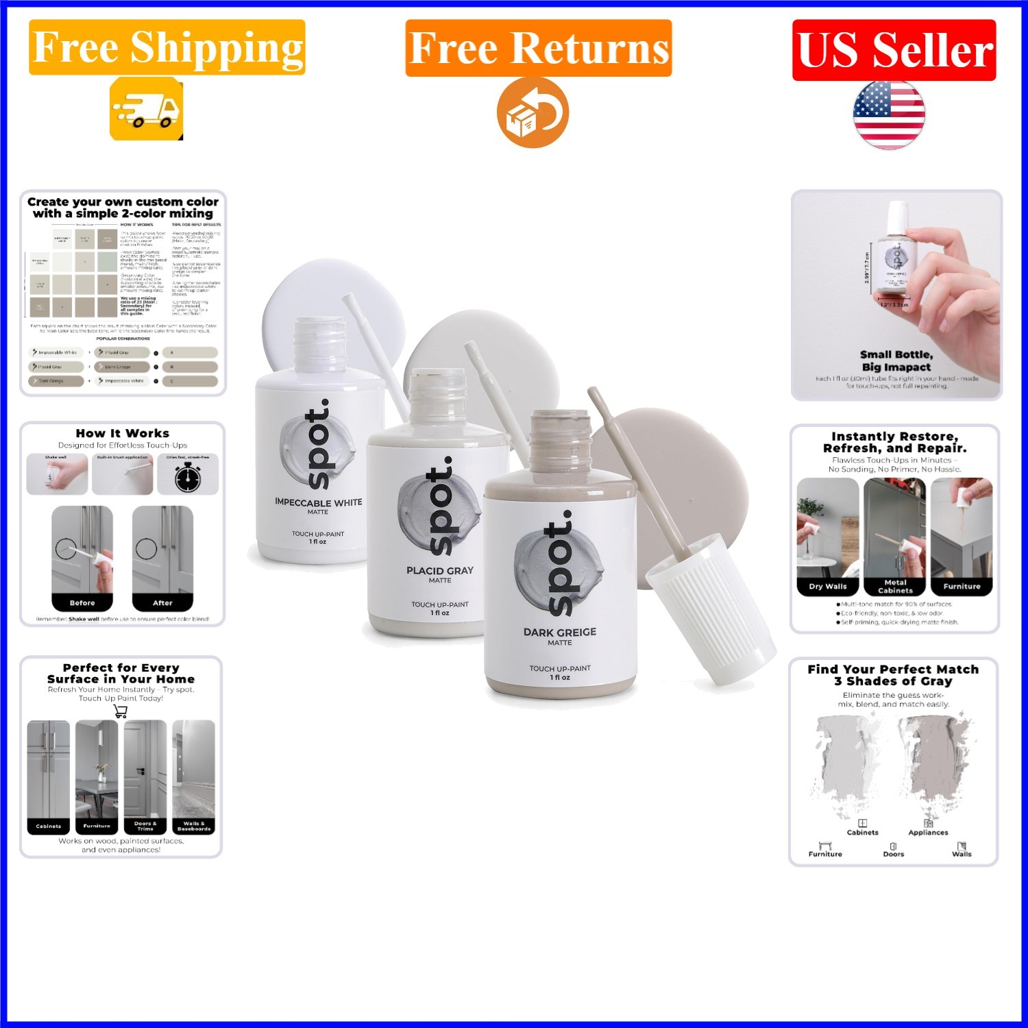 3-Pack Gray Matte Touch-Up Paint Kit for Doors, Cabinets & Walls, 1oz