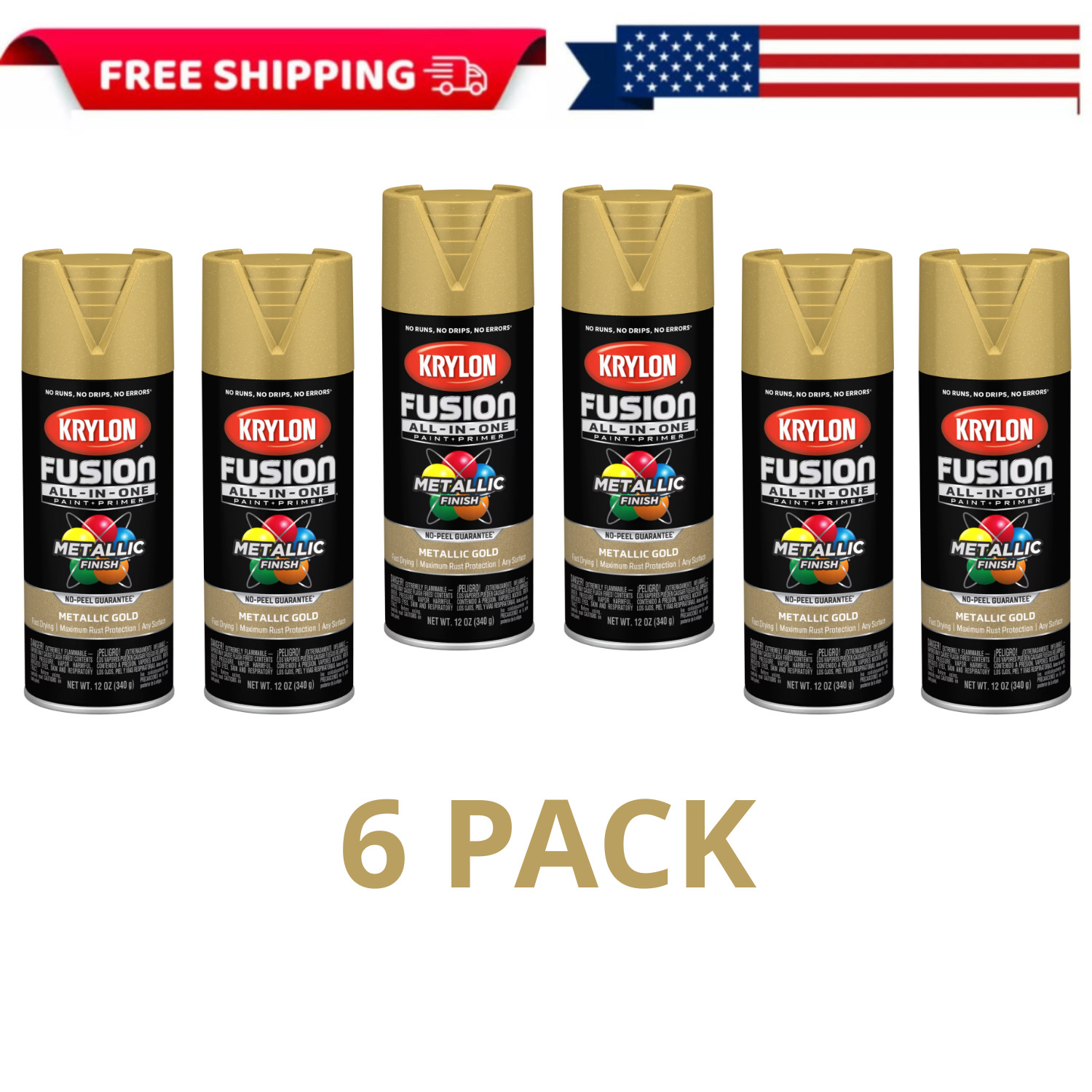 Krylon Fusion All-In-One Metallic, Metallic, Gold, 12 oz, 6 PACK