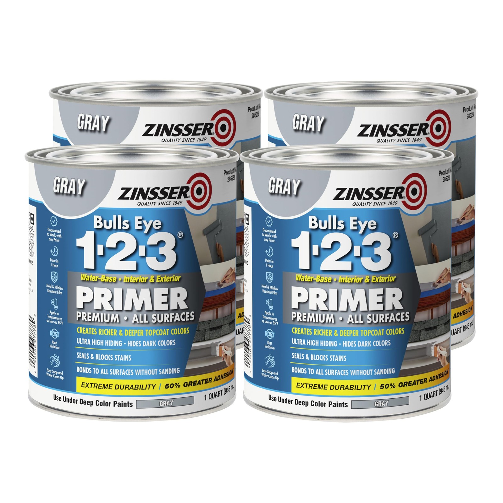 Zinsser 286258-4Pk Bulls Eye 1-2-3 All Surface Premiumr Quart Gray 4 Pack