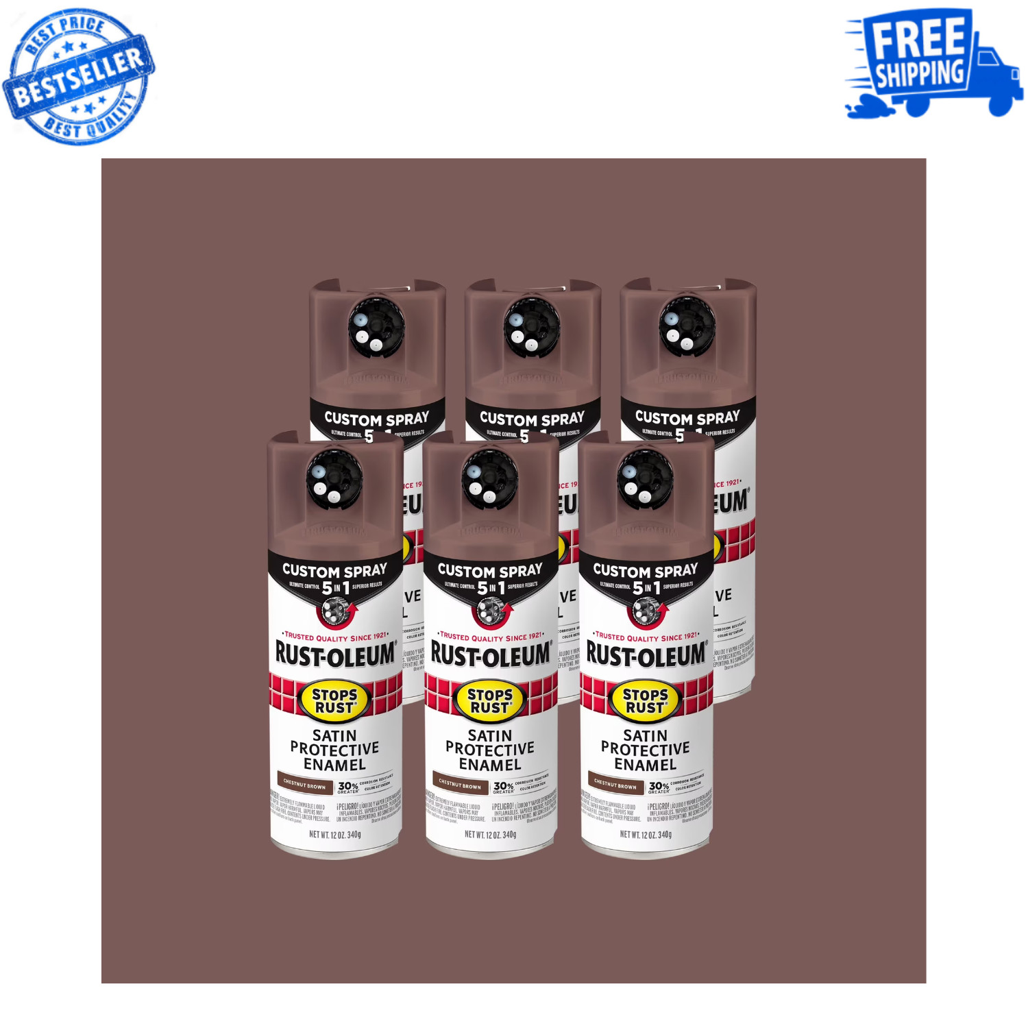 Rust-Oleum Stops Rust Custom 5-in-1 Satin Chestnut Brown Spray Paint, 6 Pack