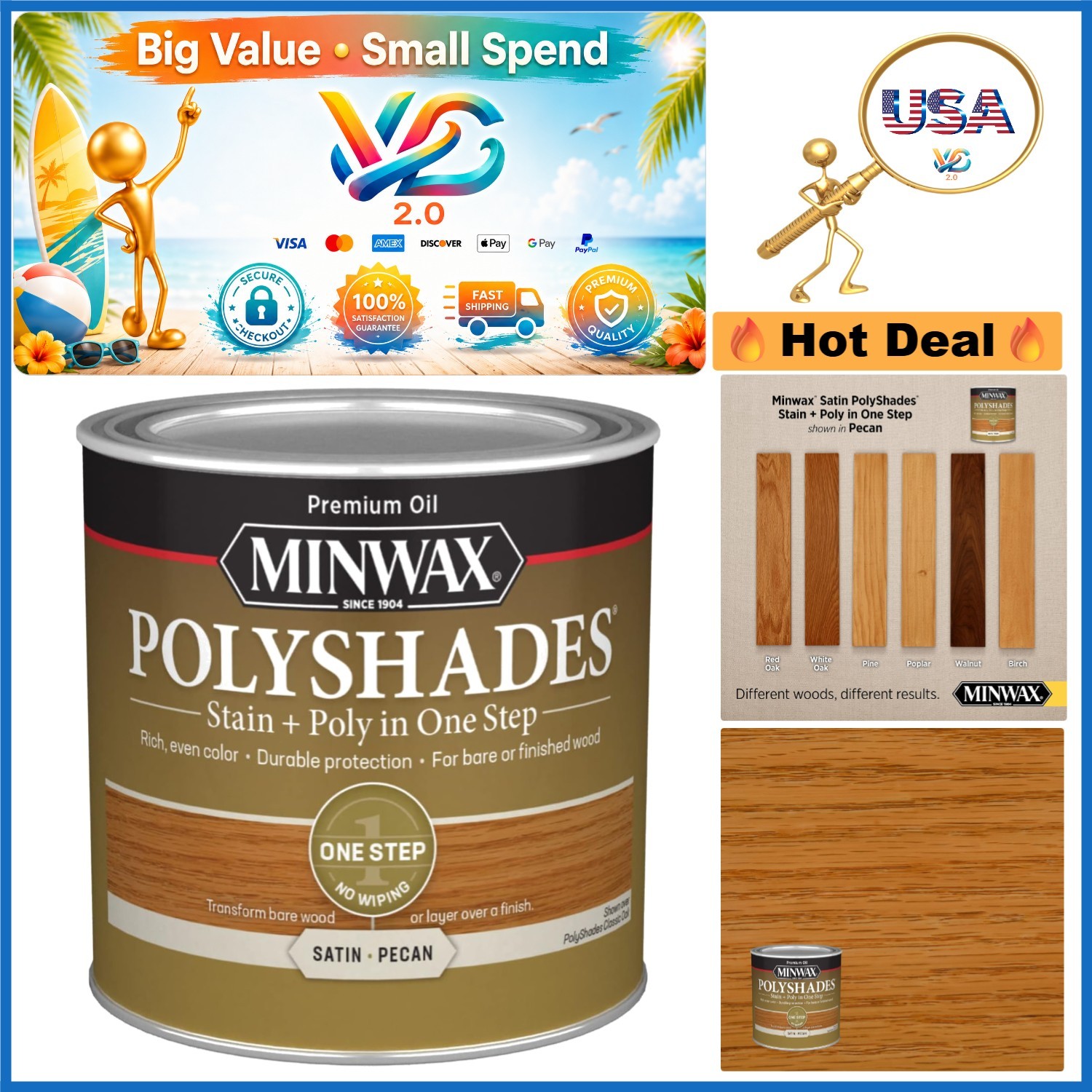 PolyShades Wood Stain and Polyurethane Satin Pecan ½ Pint Interior Finish