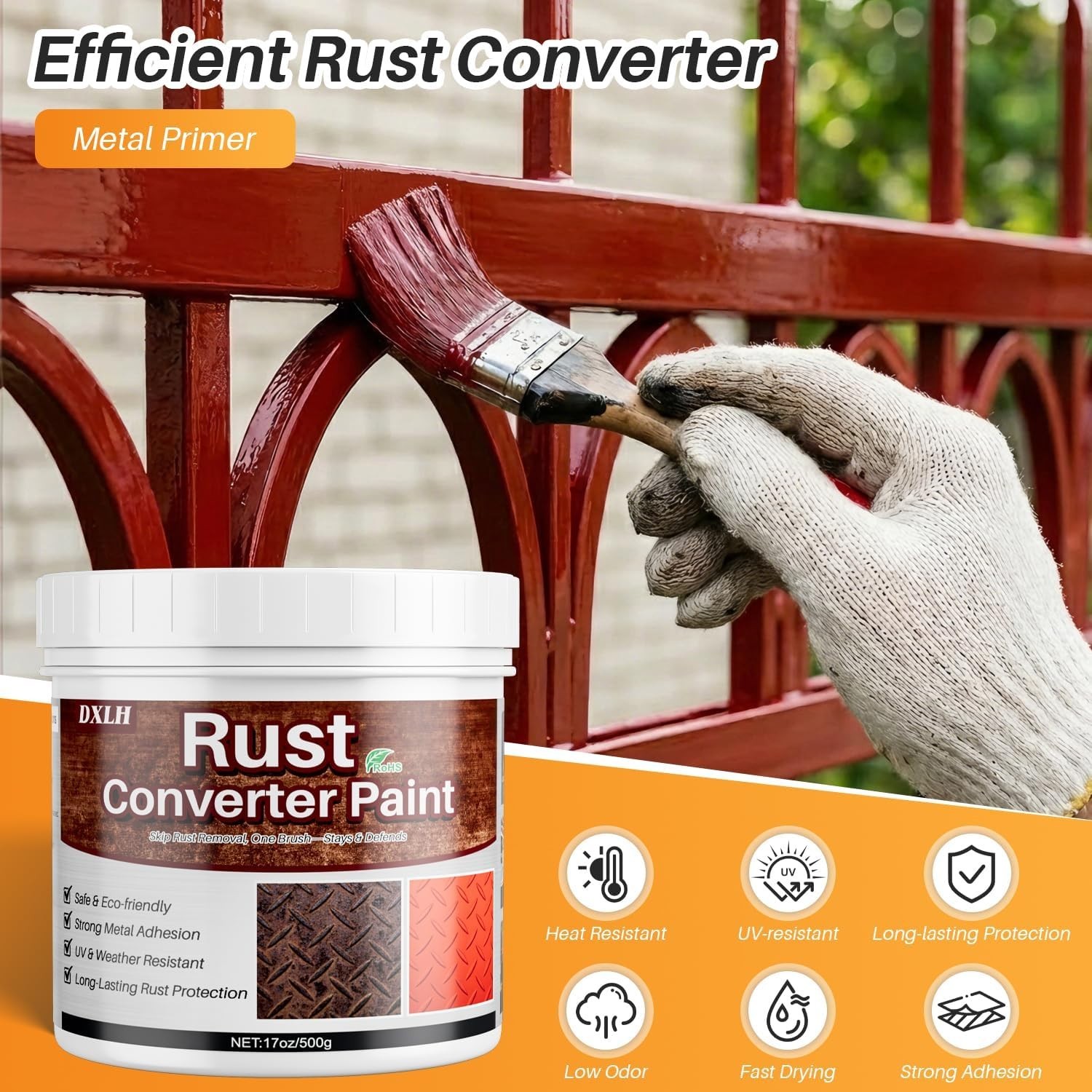 Fast-Drying Rust Reformer & Metal Primer, 17oz Red Paint – No Sanding Required