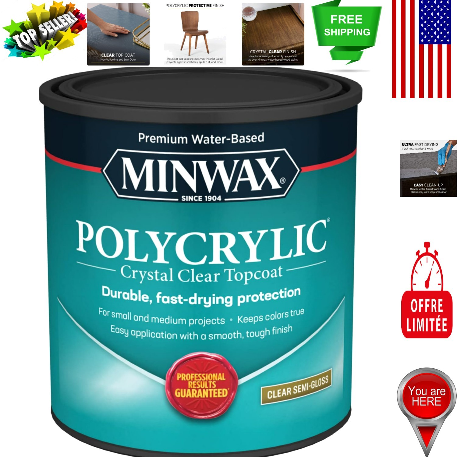 Minwax 1 Qt Clear Polycrylic Water-Based Protective Finish Semi-Gloss