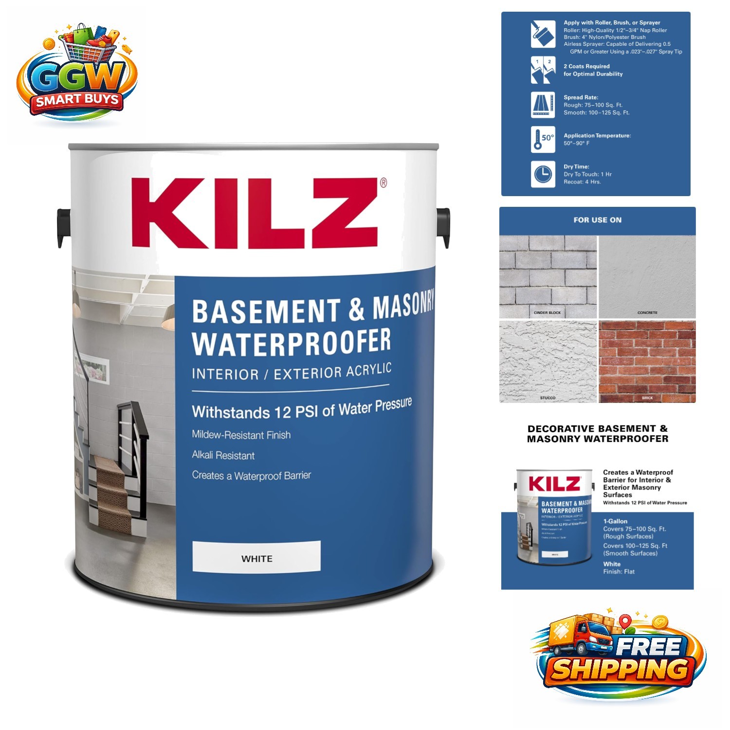 High-Performance White Waterproofing Paint for Concrete/Masonry – 1 Gallon Size