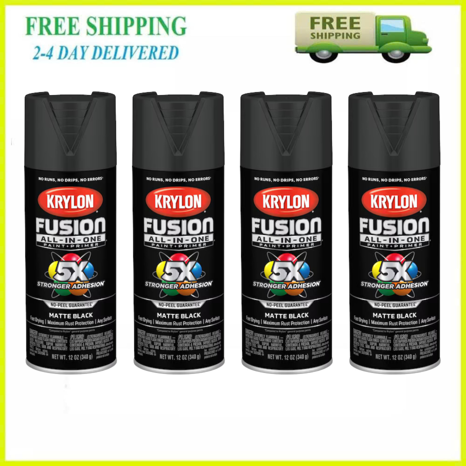 4 Pack Krylon Fusion All In One Spray Paint Matte Black 12oz K02754007 New