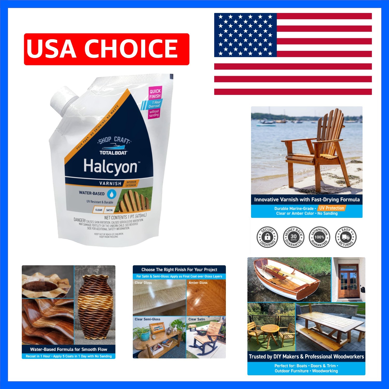 Halcyon Fast-Drying Marine Varnish, Clear Satin Finish – Pint Size, 100 sq ft…