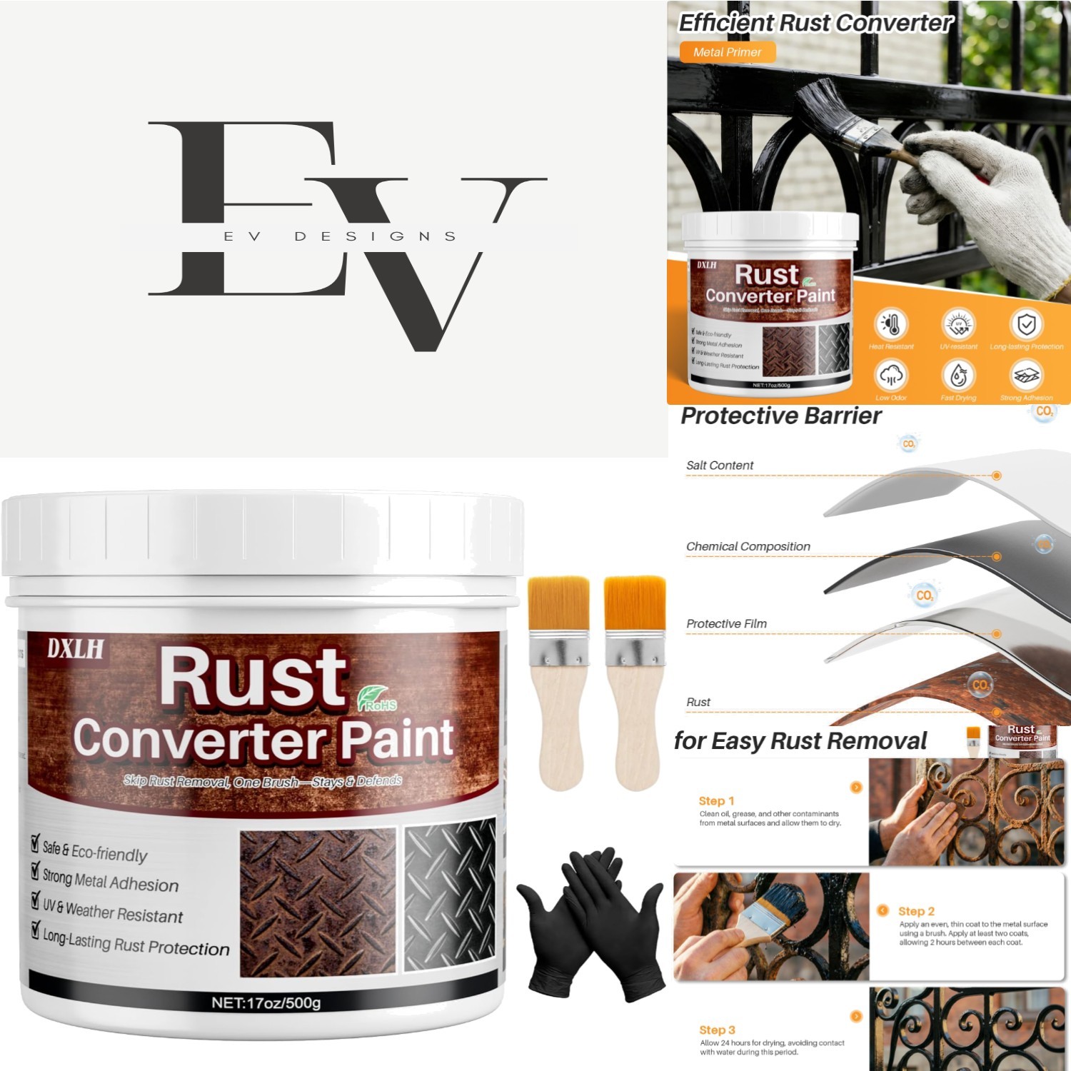 Multi-Surface Rust Converter & Primer – 17oz Black Paint for Automotive Use