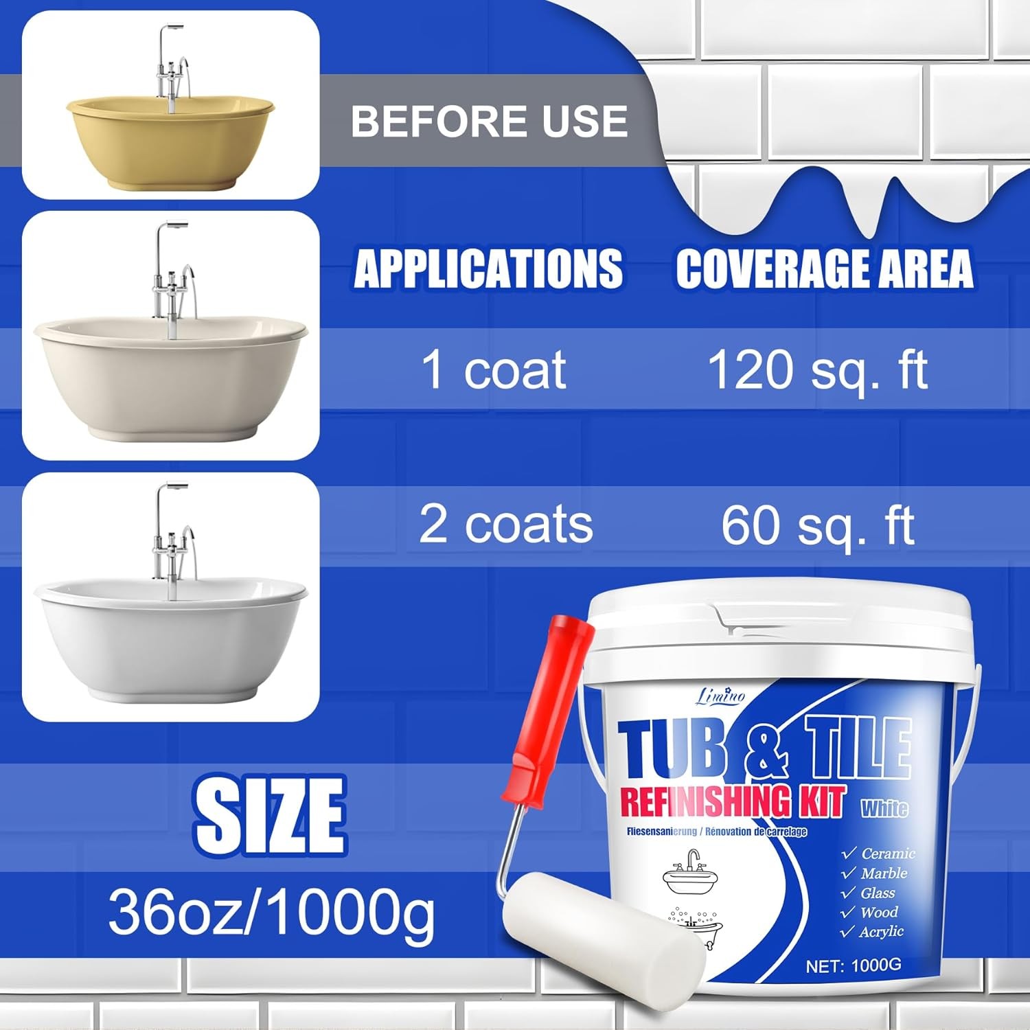 Tub and Tile Refinishing Kit – 35Oz Semi-Gloss White Tile Paint with Tools for B