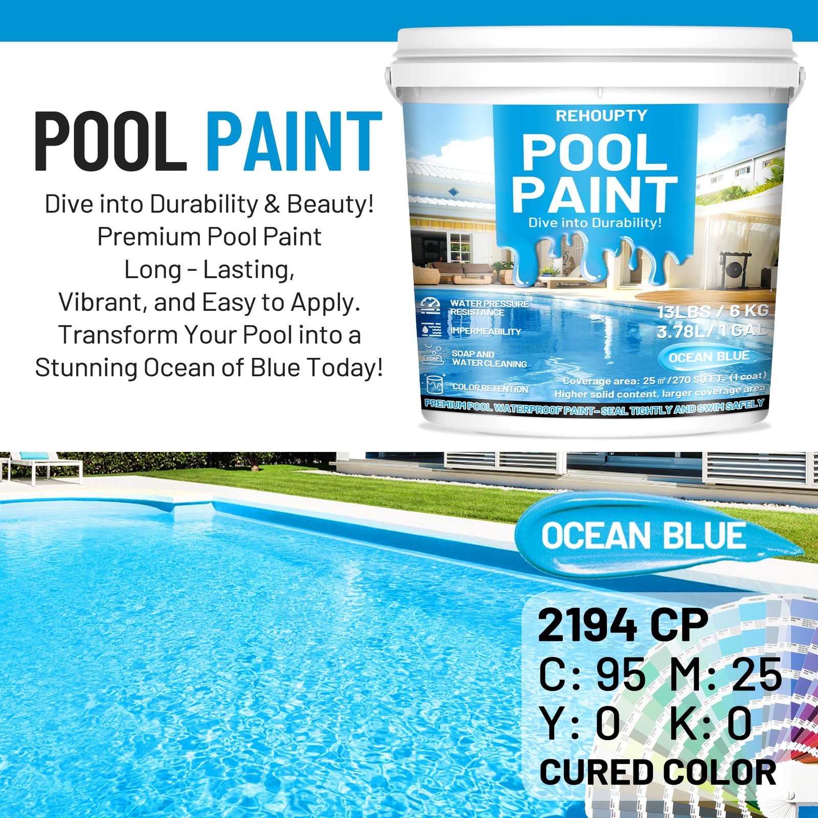 Pool Paint Ocean Blue, Durability Water-Based Acrylic Resin Concrete Pool Pai…