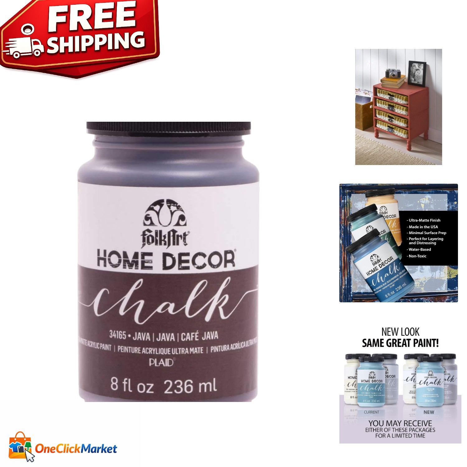 Home Decor Chalk Paint in Java – 8oz Non-Toxic Ultra-Matte Furniture Finish
