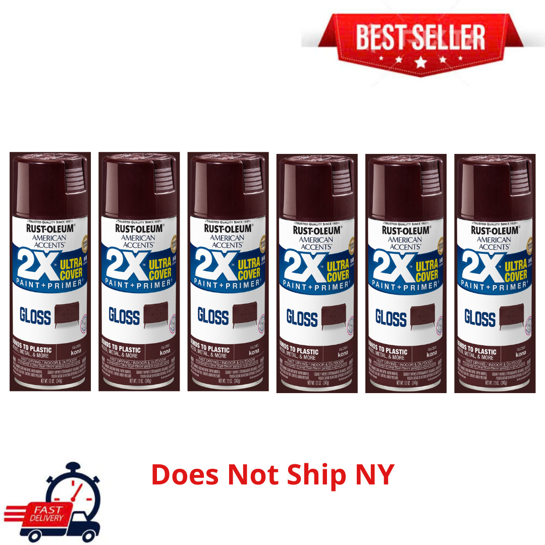 6 Pack Rust-Oleum 2X Ultra Cover Kona Gloss Spray Paint, 12 oz, 327872, Fast Dry
