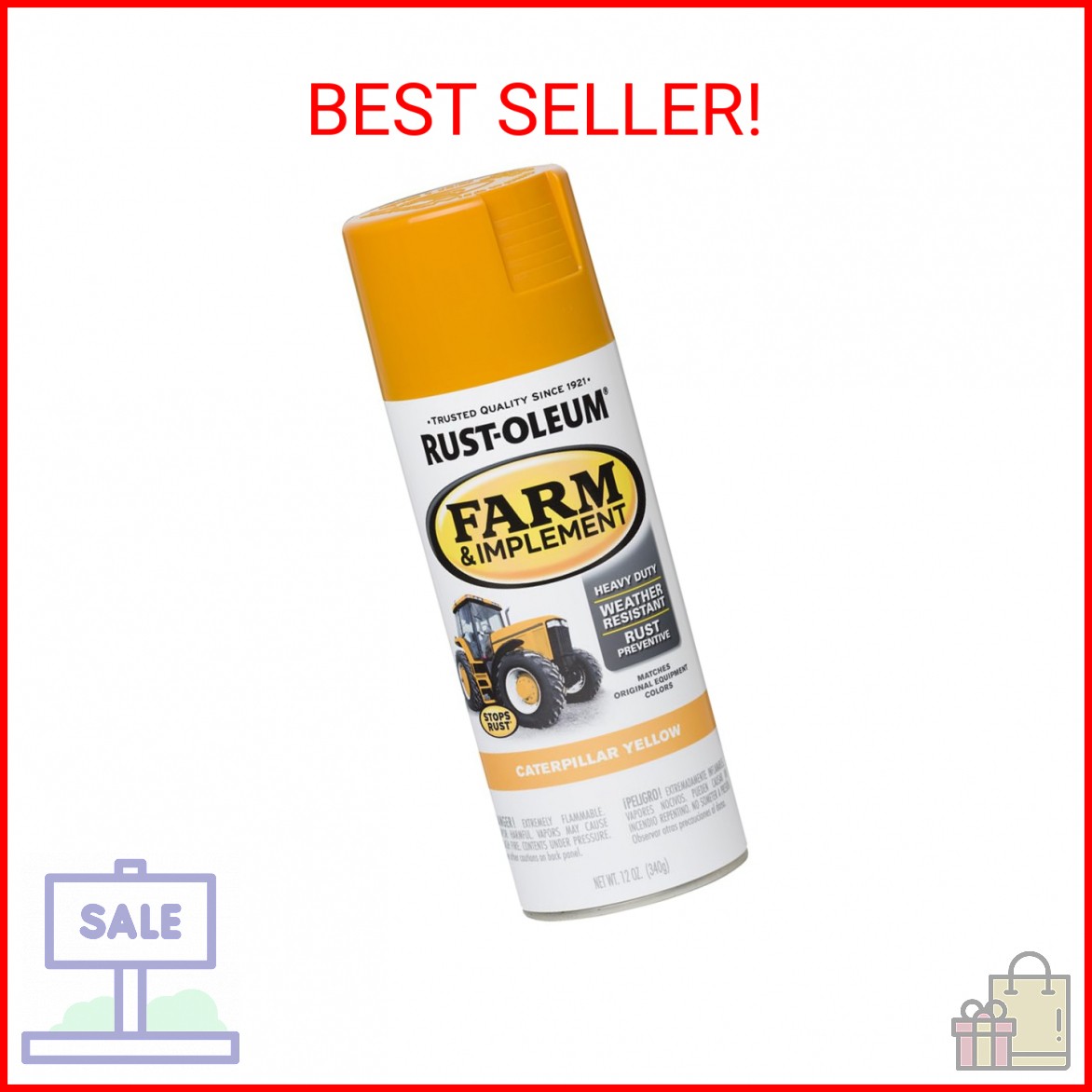 Rust-Oleum 280140 Farm & Implement Spray Paint, 12 oz, Gloss Caterpillar Yellow