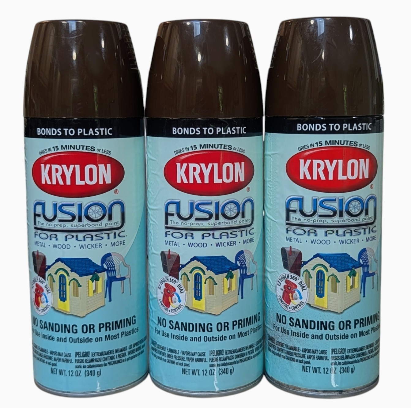 3 – Krylon Fusion For Plastic 2340 Espresso Spray Paint – 12 oz Each