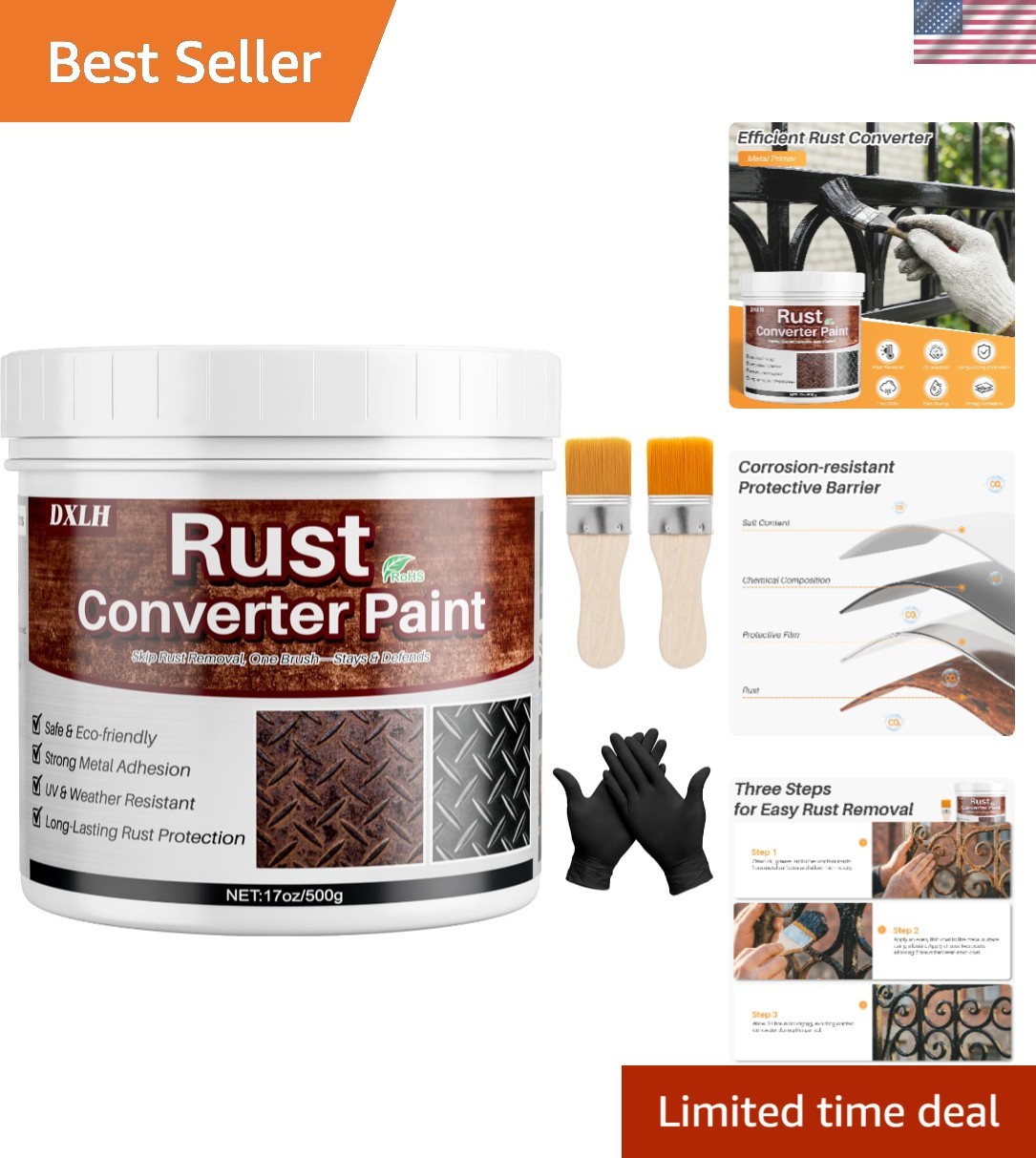 Heavy-Duty 2-in-1 Black Rust Reformer Paint – No Sanding, Waterproof Finish