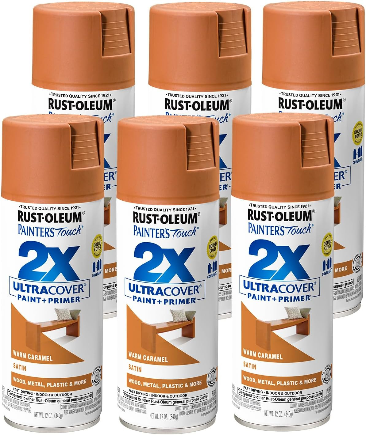 334083-6PK Painter’S Touch 2X Ultra Cover Spray Paint, 12 Oz, Satin Warm Caramel