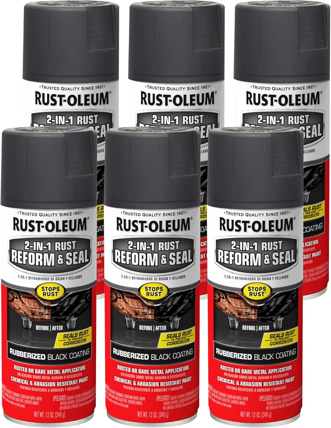 344713-6PK Automotive 2-In-1 Rust Reform & Seal Spray, 12 Oz, Flat Black, (Pack