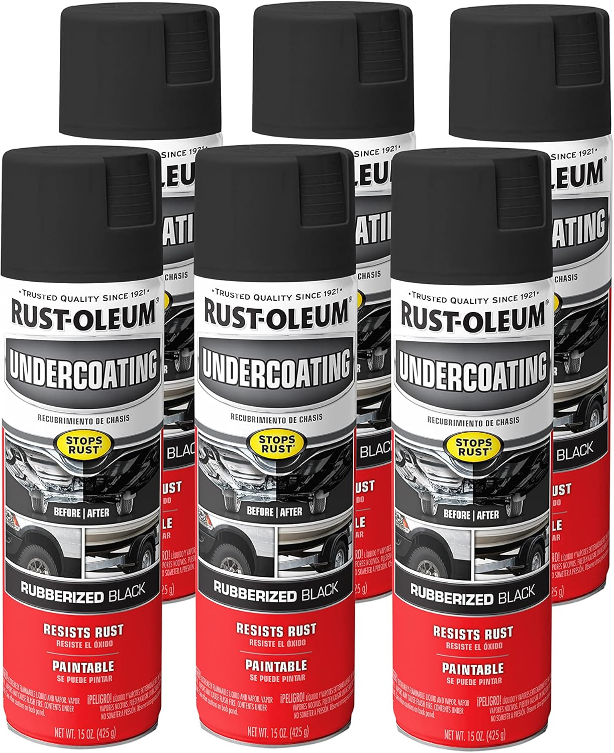 248657-6PK Stops Rust Undercoating Spray, 15 Oz, Rubberized Black, 6 Pack