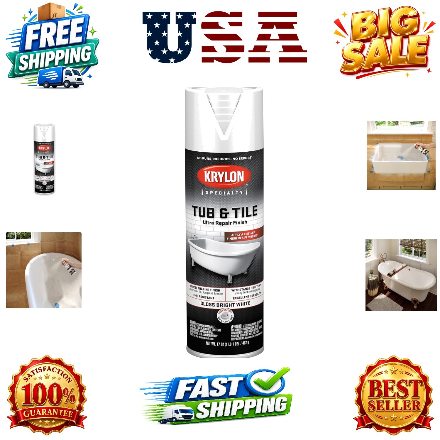 Tub & Tile Ultra Repair Finish Spray Paint, Aerosol, Bright White, 17 Ounce